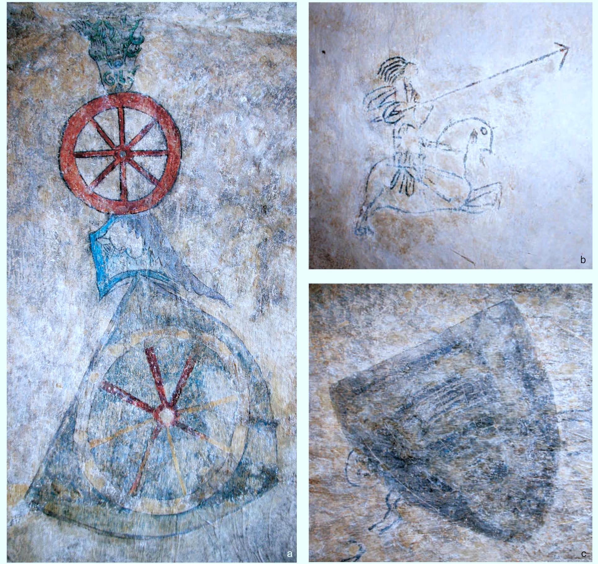 Fig. 9. Paintings allegedly made in the latter half of the 14" c., Siedlecin Tower, Northern wall and window bay: a— von Redern coat of arms with a shield of petit écu type (?); b—a knight with the alleged von Redern crest on his great helm; c—von Zedlitz coat ofarms. Photo by L. Marek. 