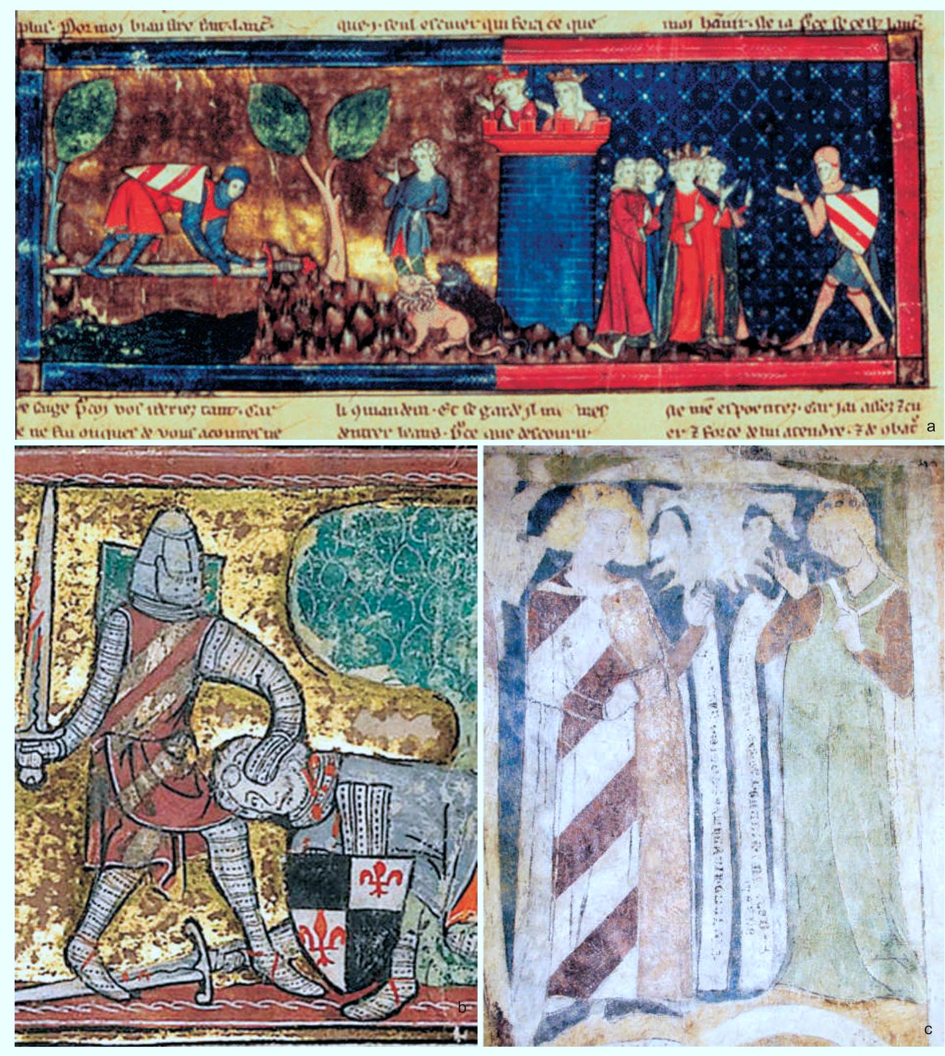 Fig. 10. The coat of arms of Sir Lancelot of the Lake: a — Lancelot crossing the swordbridge, guarded by phantom lions, to free Guinevre from the hands of Meliagant, Pierpont Morgan Library, sygn. FR805 (after http://www.stanford.edu); b — Lancelot beheading Meliagans, the Rochefoucauld Grail manuscript, ca 1315-1323 (after http://elogedelart.canalblog.com); c — Lancelot and Elaine, Siedlecin murals, early 14" c. (photo by L. Marek). 