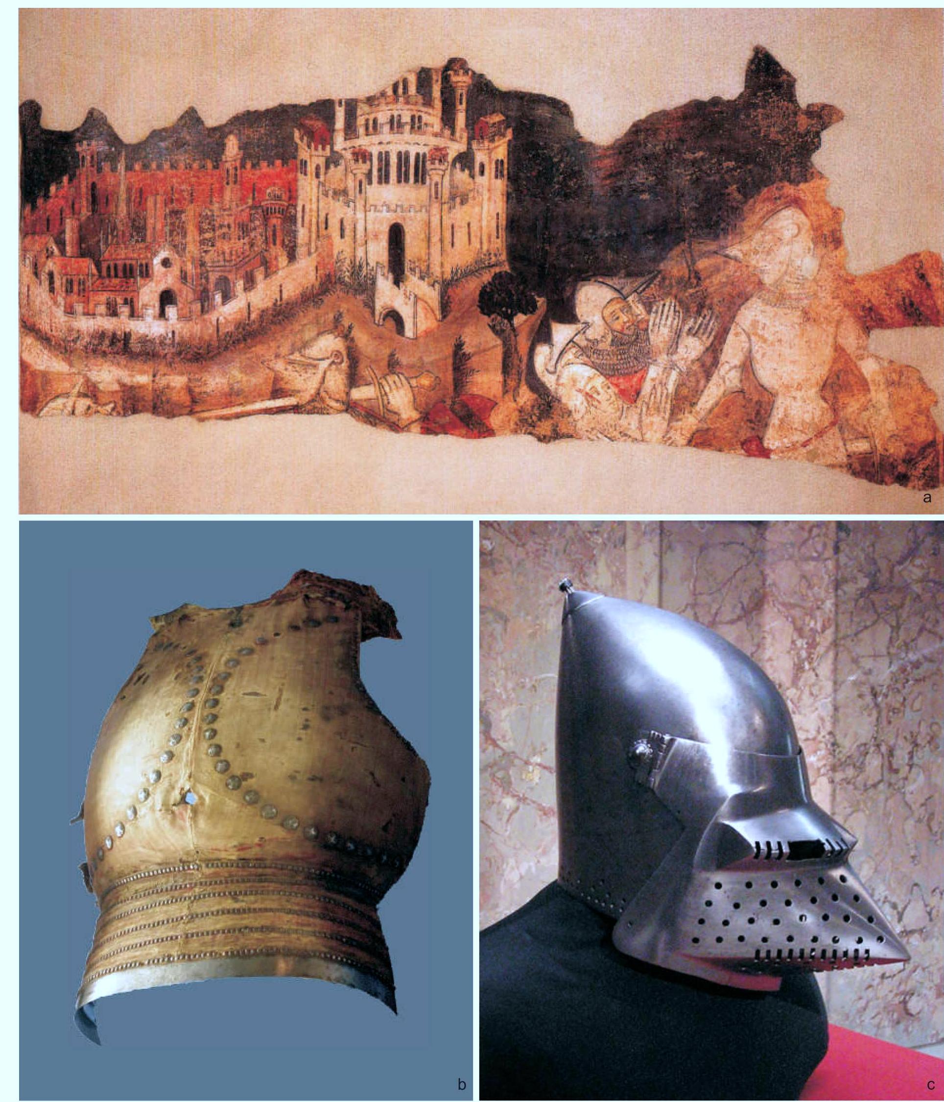 Fig. 11. Elements of armour in Arthurian iconography and in reality, ca 1380-1400: a — Lancelot conquering the Dolorous Guard, tower of Frugarolo, Italy (after Venturoli 1999); b — Hochenschau armour, Bayerisches Nationalmuseum in Munich, inv. No. W195; c — houndskull bascinet, Kunsthistorisches Museum in Vienna, inv. No. A12 (b-c—photo by L. Marek). 