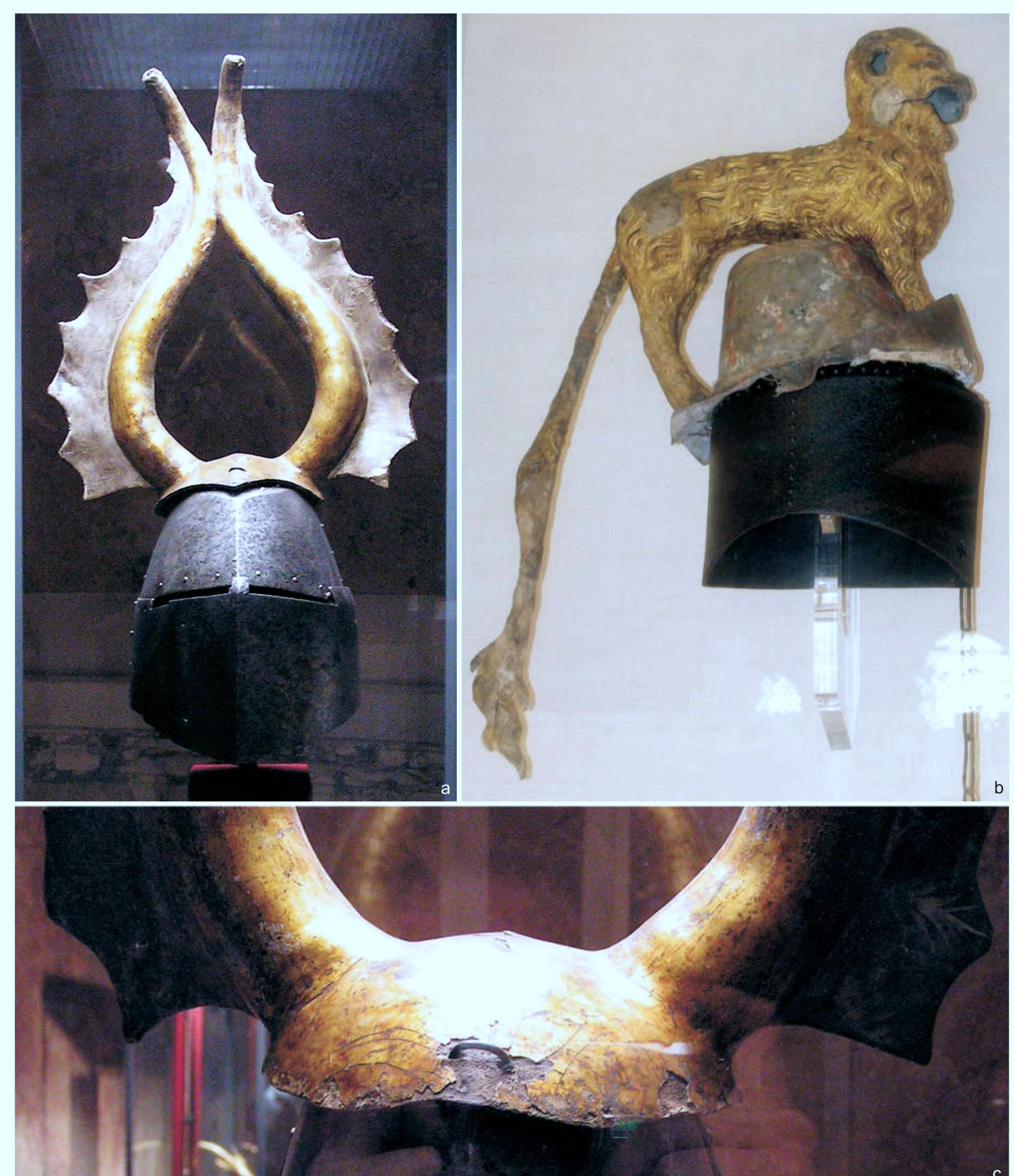 Fig. 13. Crested great helms, ca 1350: a—belonging to the family von Prankh, Kunsthistorishes Museum in Vienna, inv. No. B74; b— belonging to Edward “the Black Prince”, placed above his tomb in the Canterbury cathedral, in 1376; c— method of fastening the crest to the great helm, detail from the specimen belonging to the family von Prankh. Photo by L. Marek. 