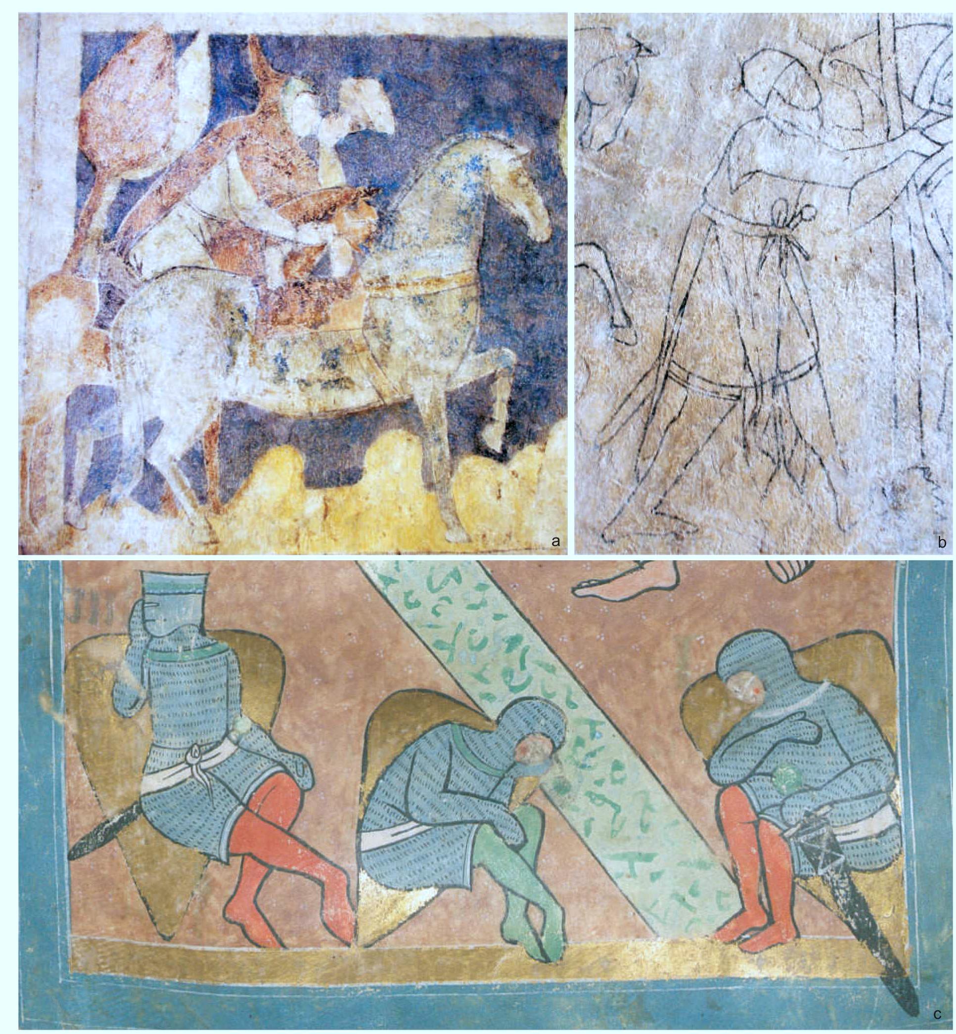 Fig. 14. Knightly belts of fabric tied around the waist, 13"* — early 14" c.: a — begining of the knightly quest for adventure, Siedlecin murals; b—Lancelot healing Urry de Hongre, Siedlecin murals (a-b—photo by L. Marek); c—the Trzebnica Psalterium, University Library Wroclaw, sygn. IF 440 (after Marek 2008). 
