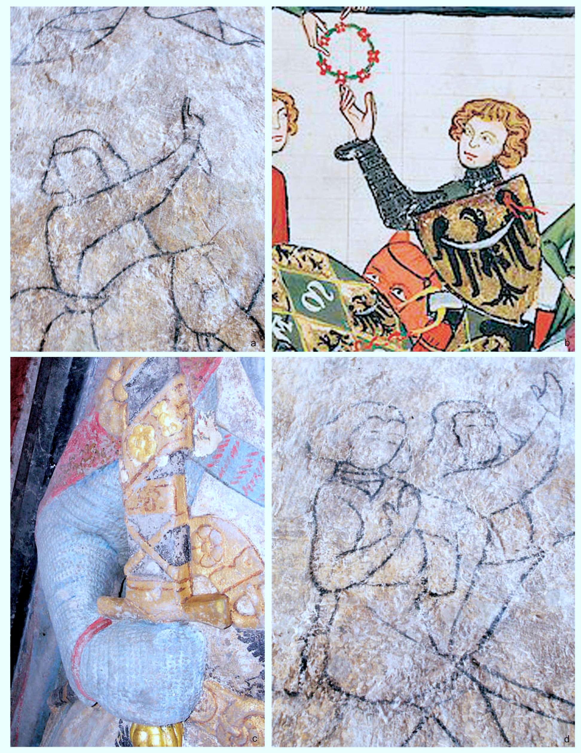 Fig. 15. Mail sleeves extended to form mufflers, early 14" c.: a— knights observing the duel between Sagramour and Lancelot, Siedlecin murals; b — duke Henry IV Probus of Wroctaw, Codex Manesse, University Library in Heidelberg, sygn. Cpg848, p. 11v (after http://digi.ub.uni- heidelberg.de); c — grave effigy of duke Bolko | the Strict of Jawor, Cisterian monastery in Krzeszow, Silesia; d— another part of the scene of the duel between Sagramour and Lancelot, Siedlecin murals (a, c-d—photo by L. Marek). 