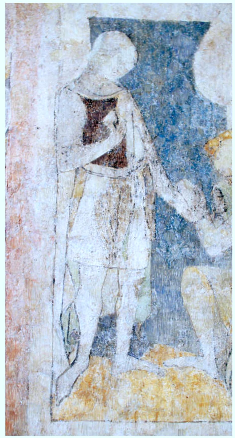 Fig. 16. Lancelot armed with a mail hauberk, mail chauces extended to form sabatons, and a separate mail coif, Siedlecin murals. Photo by L. Marek. 