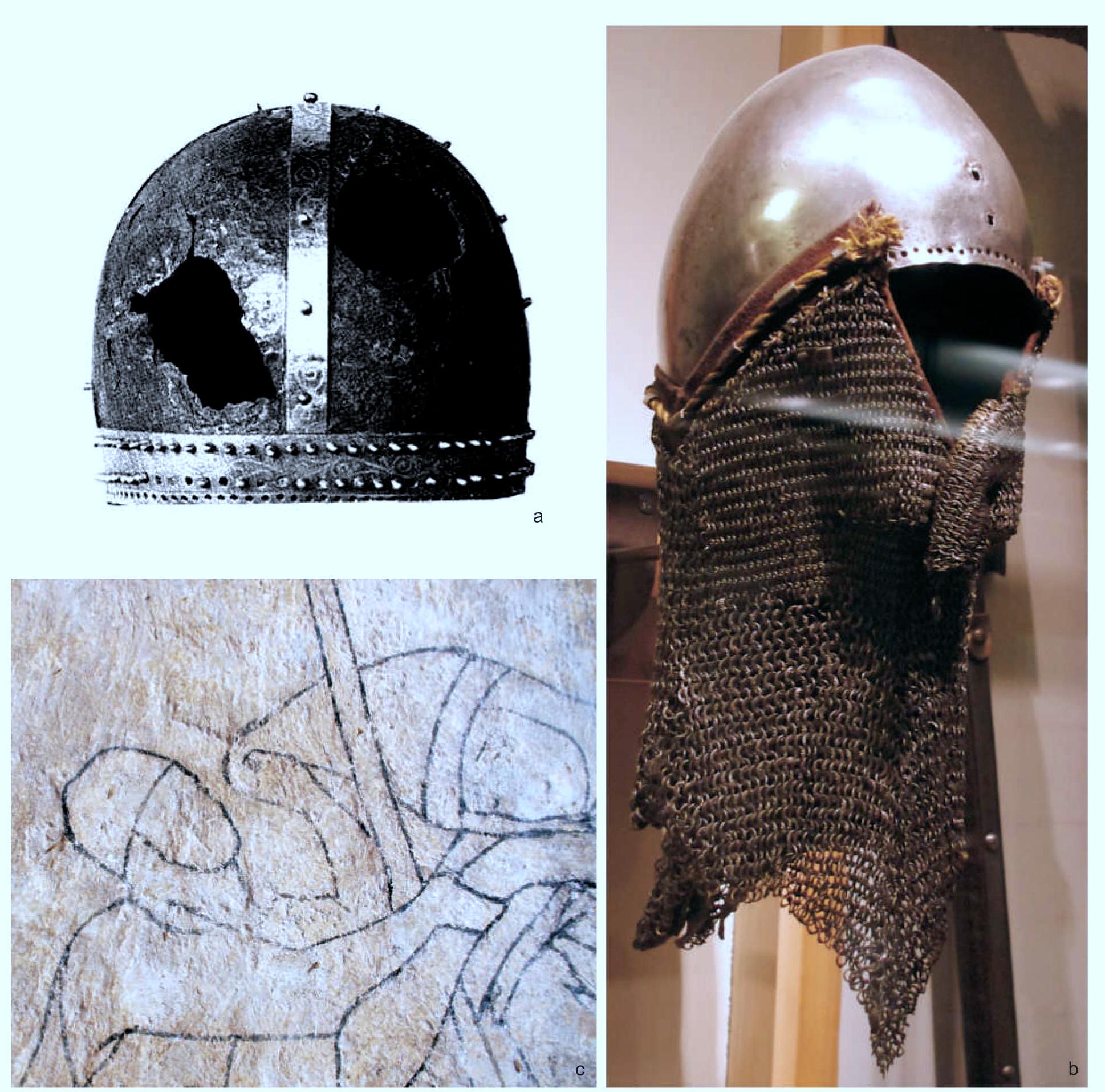 Fig. 17. Medieval helmet-types: a — skull-cap, Chamoson, Kt. Wallis Switzerland, 12" c. (after Schneider 1967); b — bascinet with camail, ca 1360, Deutsches Historisches Museum in Berlin, inv. No. W 3971; c—skull-cap and shallow, early 14th c. bascinet in the scene where Lancelot is healing Urry, Siedlecin murals (b-c — photo by L. Marek). 
