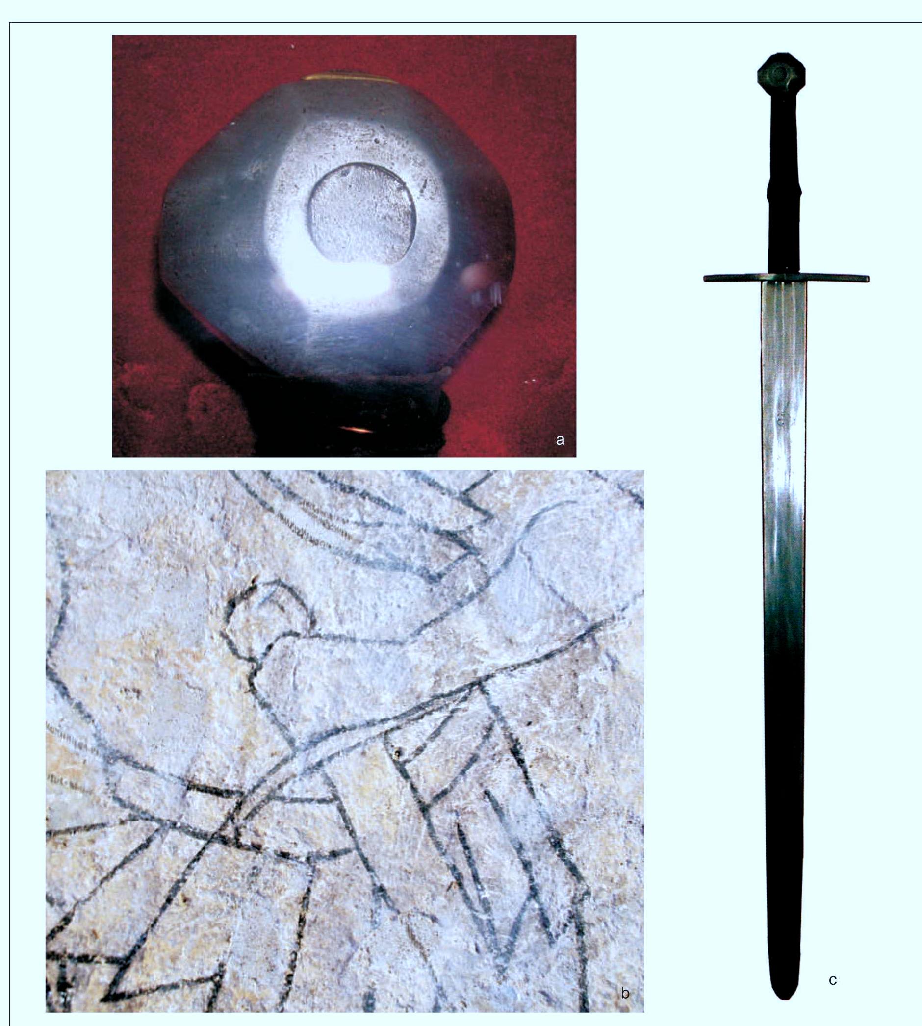 Knights of the round table of the tower in Siedlecin, Silesia  Fig. 18. Swords with octagonal pommels: a, c — type XIIla, 11,1, Museum in Nysa, Poland, 13'®/14" c.; b — Urry’s sword, Siedlecin murals. Photo by L. Marek. 