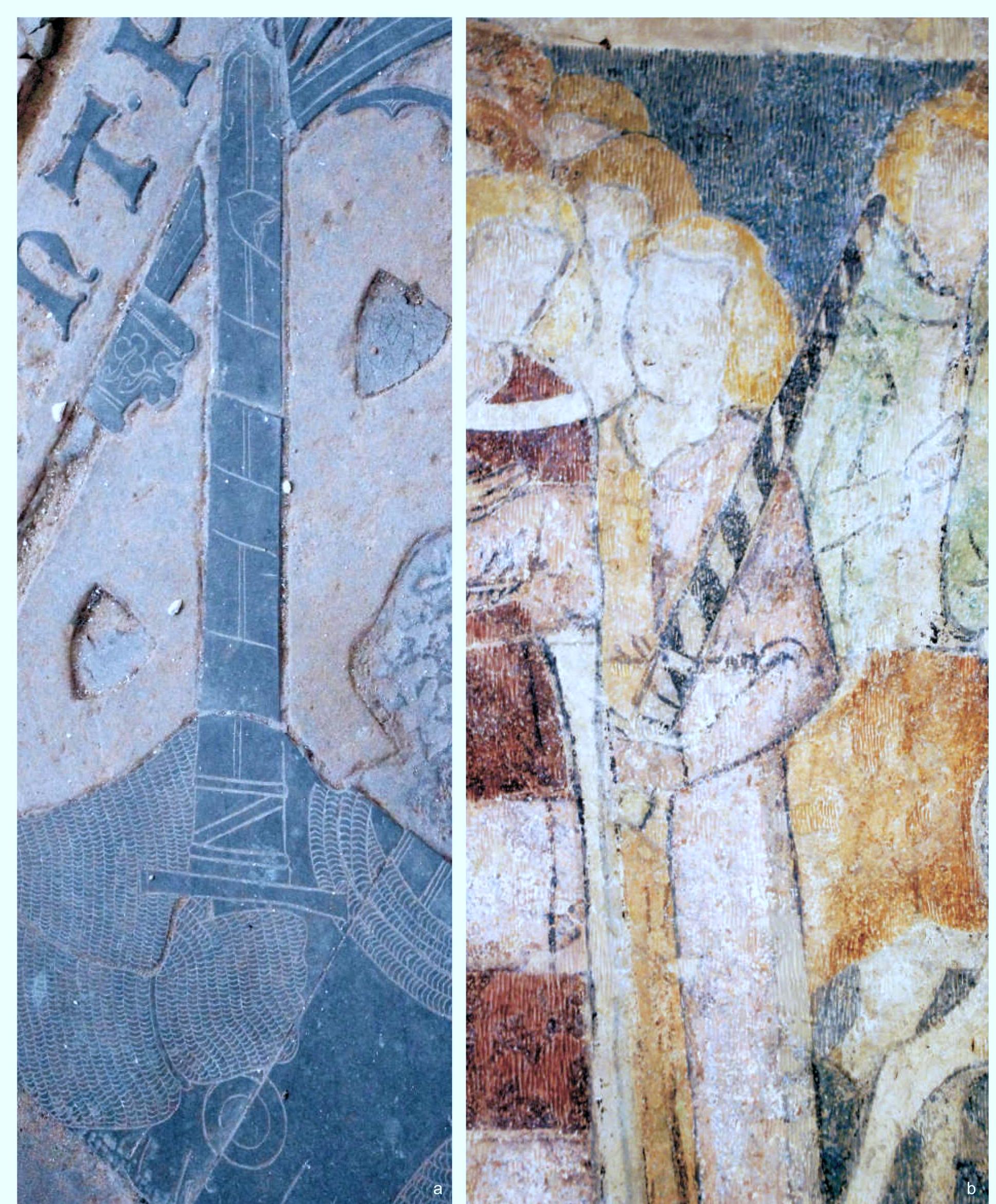 Fig. 19. Ungirded swords with sword belts, early 14" c.: a— grave effigy of duke Przemko I of Scinawa and Zagan, Cisterian monastery in Lubiaz, Silesia; b—one of the courtiers of Guinevere, Siedlecin murals. Photo by L. Marek. 
