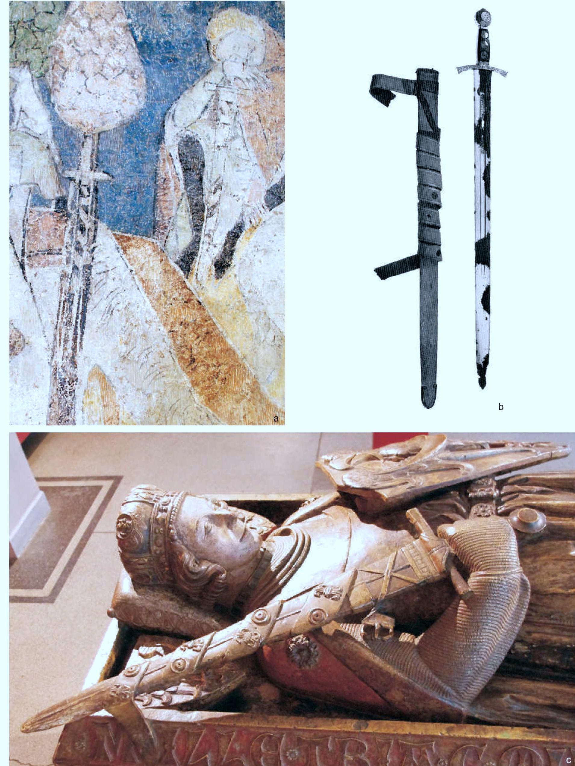 Fig. 20. Ungirded swords with swordbelts 13‘ — early 14" c.: a—in the scene where Lionel falls asleep on watch, Siedlecin murals (photo by L. Marek); b — sword of Sancho IV of Castile from the cathedral of Toledo, Spain (after Oakeshott 1991); c — grave effigy of Henry IV Probus of Wroctaw (photo by L. Marek). 