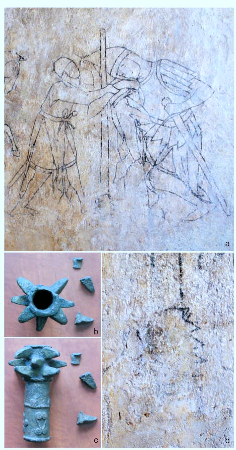 Fig. 21. Maces, 13/14" ¢.: a, d — the weapon of Urry de Hongre, Siedlecin murals; b-c — type IV, excavated at Wroclaw-Kietbasnicza St. Photo by L. Marek. 