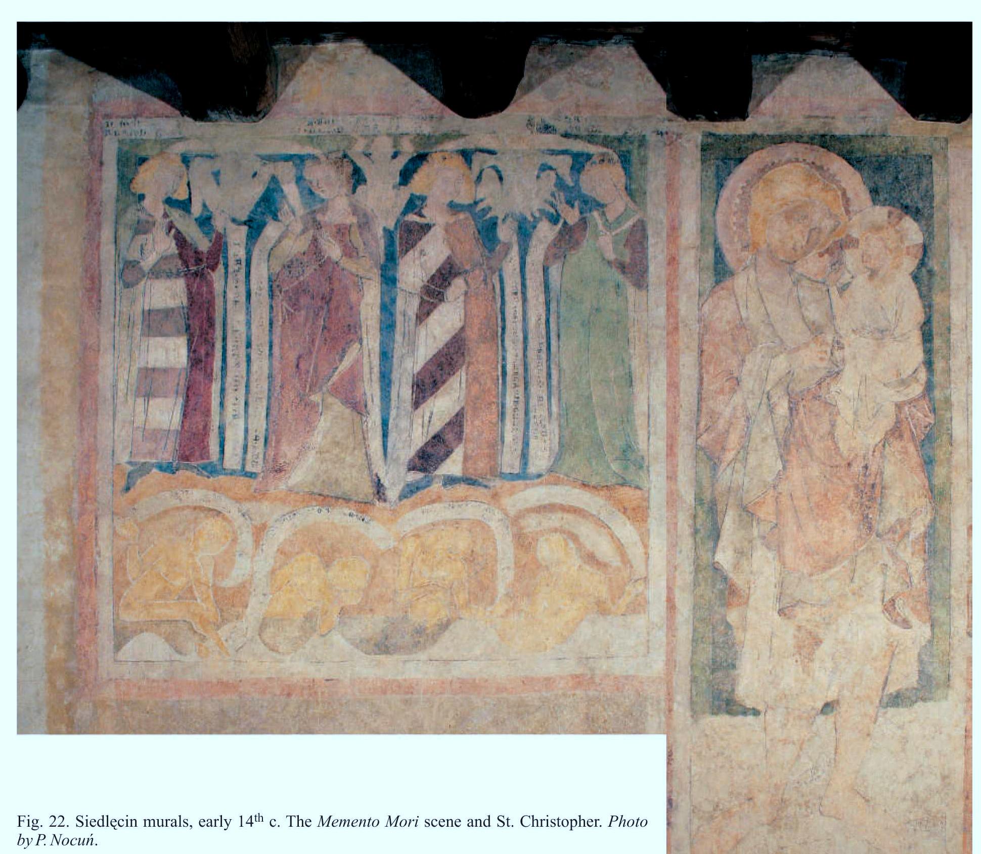 Ryc. 22. Freski w Siedlecinie, wezesny XIV w. Scena Memento Mori i sw. Krzyszto: Fot. P. Nocun. 