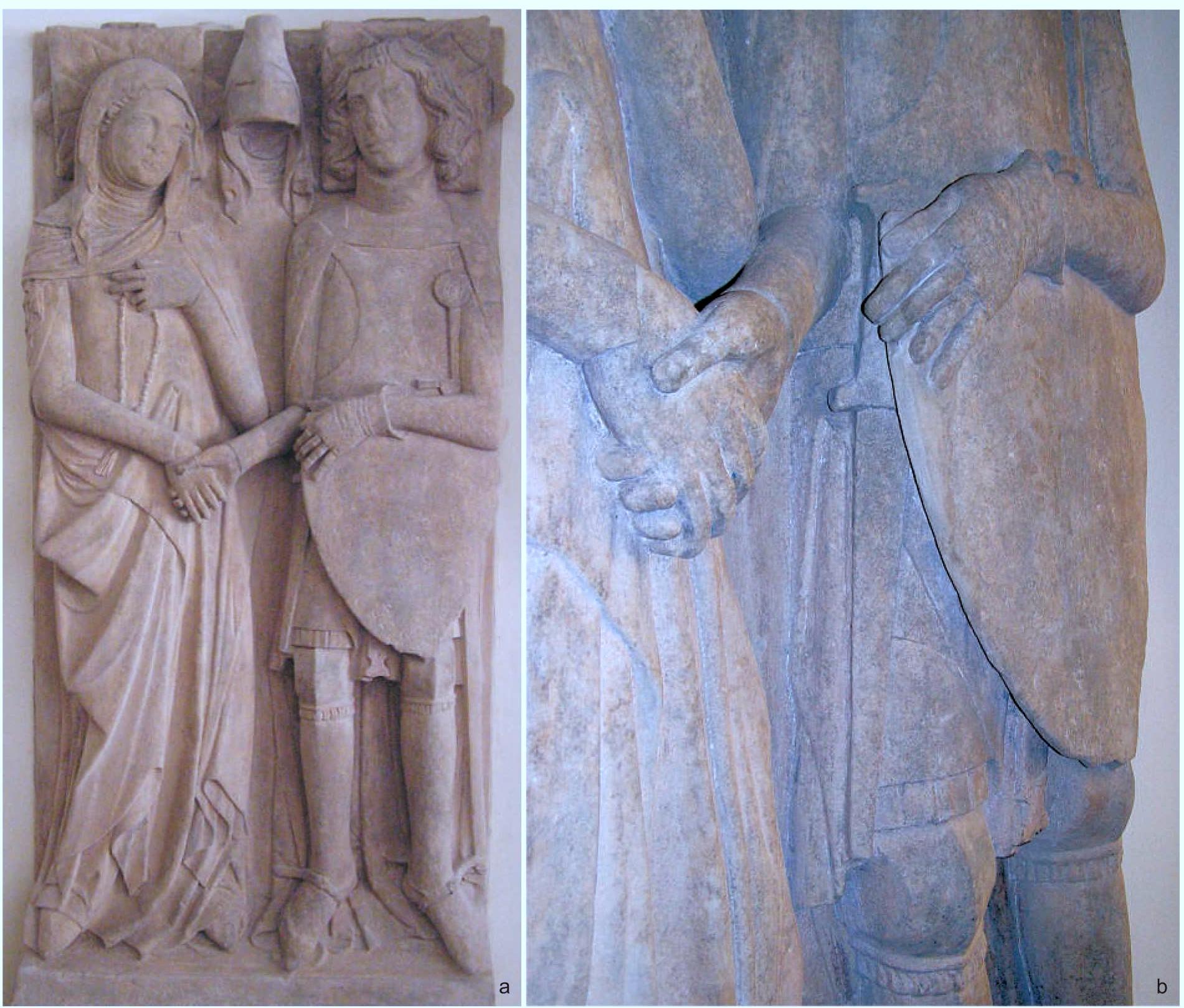 Fig. 23. The grave effigy of duke Henry I of Jawor and his wife: a— general view; b — detail showing the duke’s bassilard dagger. Photo by L. Mare. 