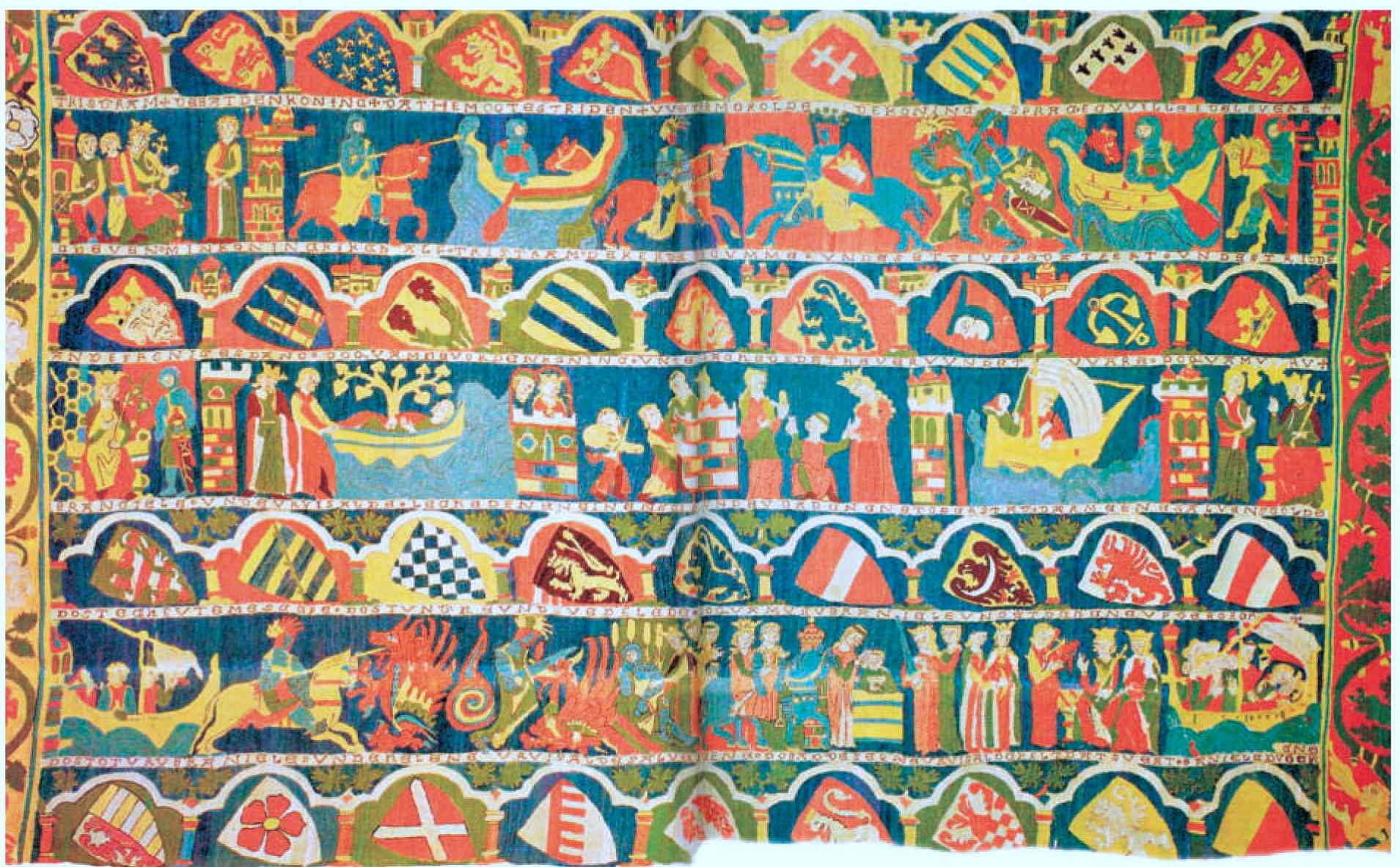 Fig. 24. The embroidery with the story of Tristan, among others the Silesian eagle-coat of arms, Wienhausen Monastery, Germany, early 14" c. (after http://wkneedle.bayrose.org). 