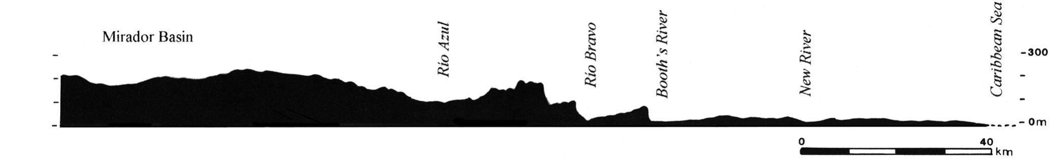 Figure 2. Elevational transect from the northern Caribbean coast of Belize to the Mirador Basin in the northern Peten (Guatemala)  i LIC ivlaya LUW ALISO LUILULAL AUG iit LLILUILIPaooto aAlL UL the karstic Yucatan Peninsula and adjacent low-lying areas of Mexico, Guatemala, and Belize (Figure 1). Bajos and other wetlands are a common feature across the southern and central Maya Lowlands, variably covering between 40 and 60 percent of land area across the region.’ An east-west transect across the southern Maya Lowlands reveals significant variation in elevation and hydrology (Figure 2). The coastward or exterior margins of the Low- lands are low-lying (1-20 m above mean sea level [msl]), and many wetlands are spring-fed or riparian and typi- cally of a perennial nature, maintaining saturated or near- saturated soil-moisture conditions throughout the year. In contrast, interior areas of the Lowlands are generally elevated 120-300 m above mean sea level, and perennial surface water of any sort is generally rare and often perched in clay layers. Bajos are very common through- out this region. The seasonal wetlands typical of interior bajos today are flooded for as many as several months and dry for the remainder of the year. The interior bajos con- tain a variety of vegetation communities, depending on the relative degree of inundation and desiccation charac- teristic of any given area (Lundell 1937; Siemens 1978;  The hypothesis that the interior bajos in the Southern Maya Lowlands may have at one time contained shallow 