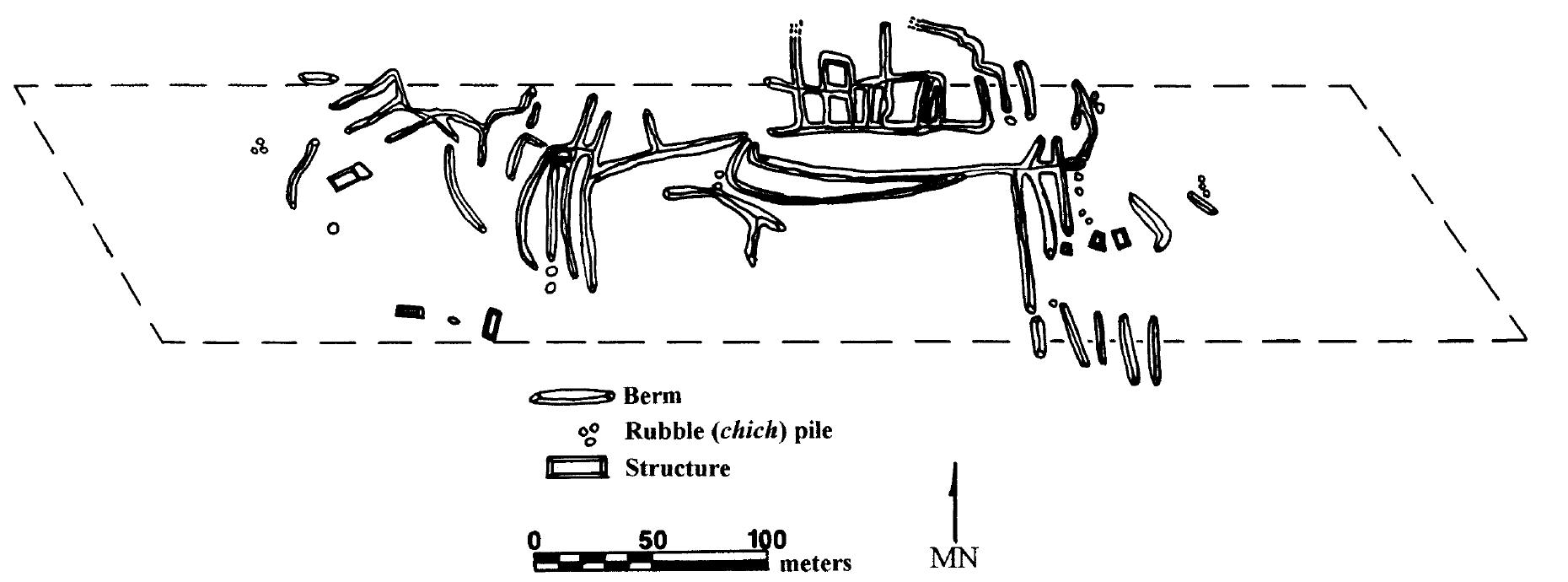Figure 9. Map of a portion of the eastern margin of the Far Western Bajo, La Milpa (Far West Drainage Survey Block 16, mapped by Pat Hughbanks and Julie Kunen) showing agricultural terraces and field walls.  investigations OF large interior Dajos near laxNa and Tikal have also revealed dense settlement dating from Late Preclassic through Late Classic times on flanking uplands and on “islands” within the bajos (Culbert et al. 1996; Fialko 1999; Kunen et al. 2000). Immediately north of the ancient city of Yaxha lies the sprawling (ap- proximately 150 km’), topographically complex Bajo La Justa. This bajo contains a variety of seasonal wetland types and is dotted with numerous islands of variable size, including one on which was built the major monumental architectural center of Pozo Maya. Nearby is one of the more distinctive features found to date in a bajo: the Aguada Maya, a 13,200 m? bermed, rectangular, peren- nial pond. Although the Aguada Maya may have begun as a natural pond, it was clearly heavily modified by human labor. Many of the Bajo La Justa sites contain ev- idence of significant Preclassic and Early Classic settle- ment, but occupation appears to have been greatest in the Late Classic. We strongly suspect that the modifica- tion of the Aguada Maya dates at least in part to the Late Classic. This assertion is also supported by evidence indi- cating that earlier features on the bajo floor may have been buried by sedimentation.  Despite the transformation of the Far Western Bajo at 