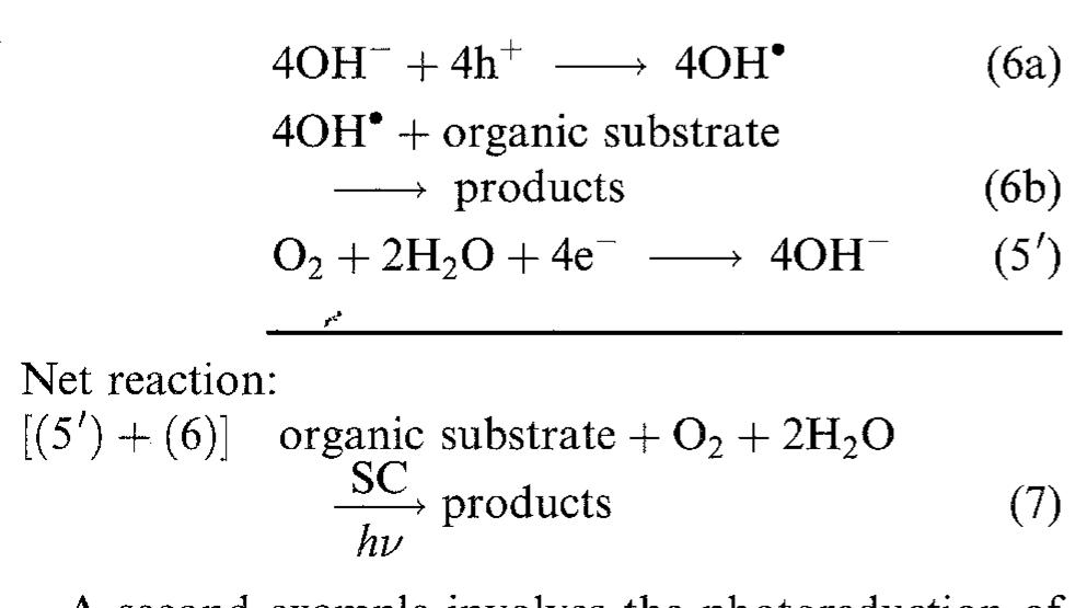 To illustrate, Reactions 6 and 5’ form a conjugate pair in the photocatalytic degradation of an organic substrate: 