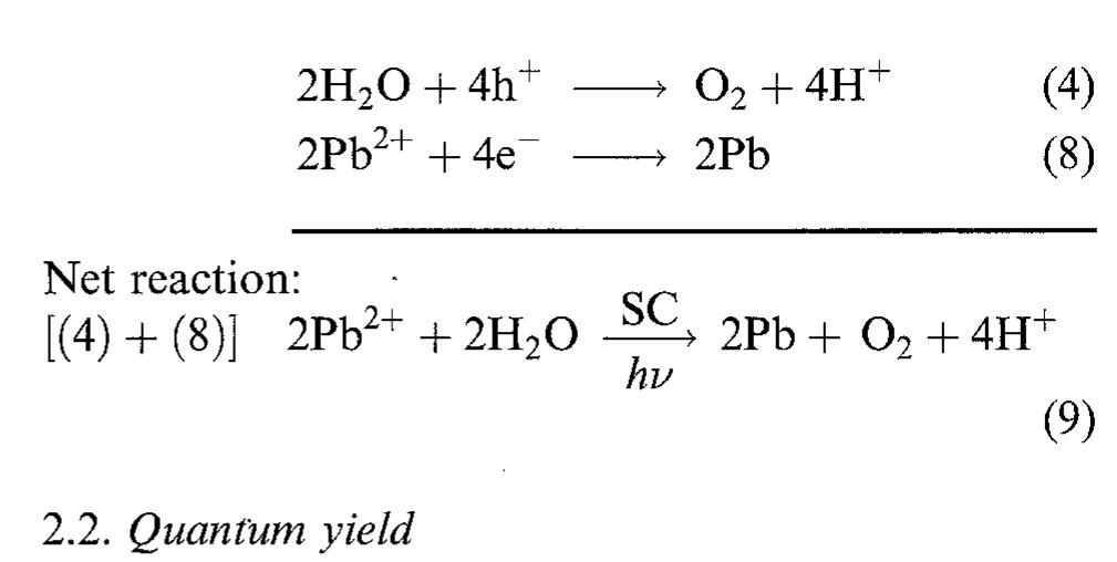 surface. In this instance, Reactions 4 and 8 form a conjugate pair:  The concept of quantum yield is of great value in photochemistry [104]. The quantum yield is generally defined as the number of events occurring per photon absorbed. The difficulty with defining such a parameter for heterogeneous systems is related to uncertainties arising from light scattering by the photocatalyst par- ticles. (Catalyst particle size is comparable in many cases to the incident photon wavelength.) Accord- ingly, an apparent quantum yield is often quoted wherein the inherent assumption is that all the incident light is absorbed by the semiconductor particle. How- ever, a special sample cell has been designed to mini- mize losses due to scattering [105]. This cell was tested using a model system comprising the PC bleach- ing of methylene blue using irradiated TiO, [105].  