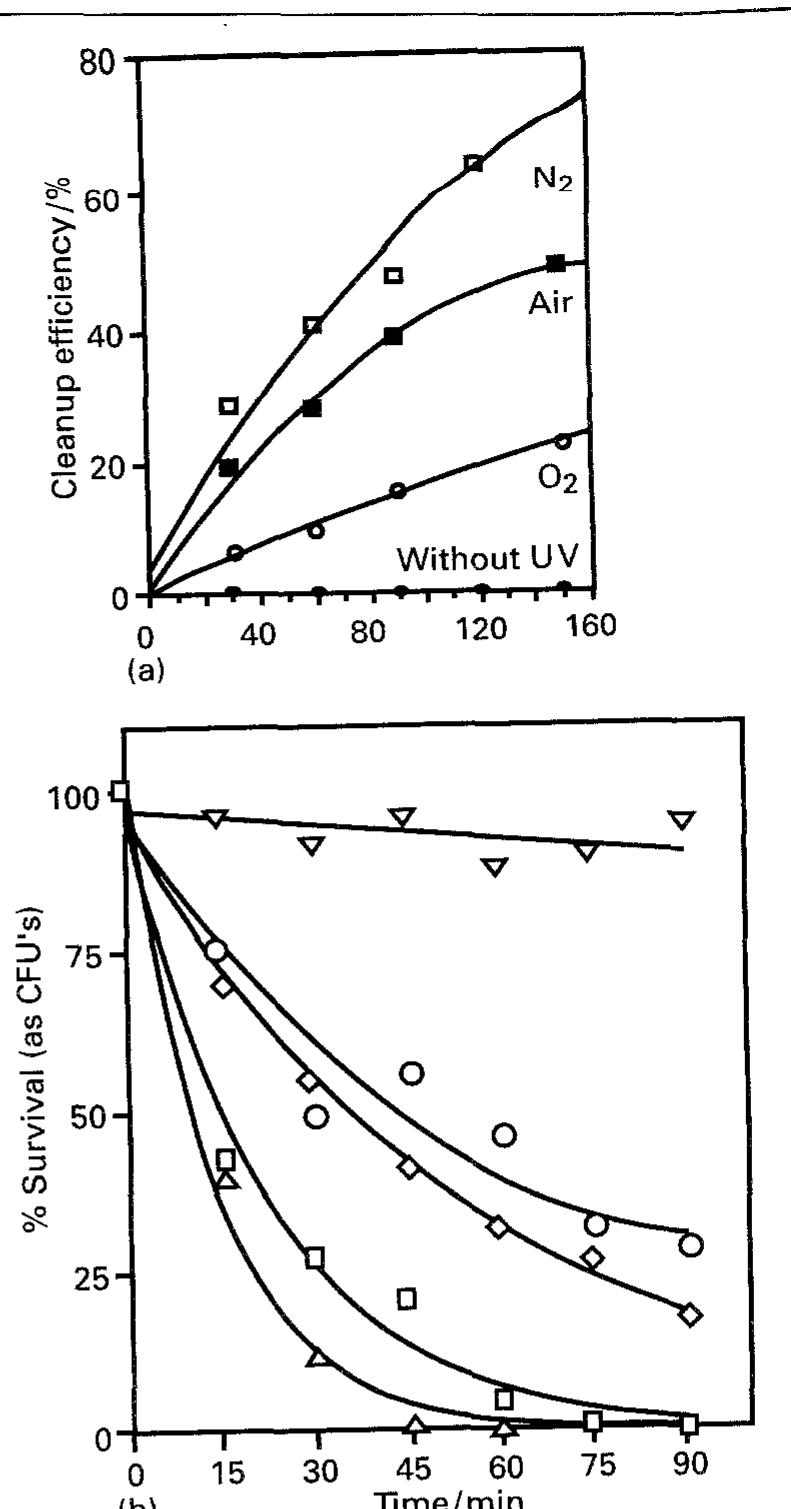 Fig. 6. Influence of oxygen on the efficiency of TiO, to reduce Cr(v1) (a) or to kill E. coli (b). The data in (a) and (b) are from [80] and [78], respectively. The bactericidal activity of TiO, in (b) is expressed as_ the percentage survival of colony forming units (CFUs). 