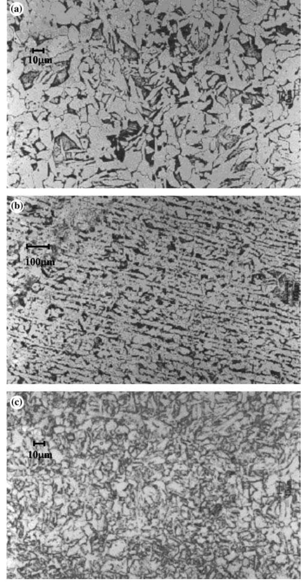 Fig. 2. Photographs taken of the various forms of carbon steel microstructure (a) coarse ferrite and pearlite, somewhat acicular (sample 6), (b) banded ferrite/pearlite (sample 12), and (c) ferrite with some dispersed carbide (sample 15). Note, the magnification bars are included in the middle of the right-hand side of each micrograph, and (a) and (c) possess magnification bars of 10 um, while (b) has a magnification bar of 100 um.  3.5. API SL X42 samples 