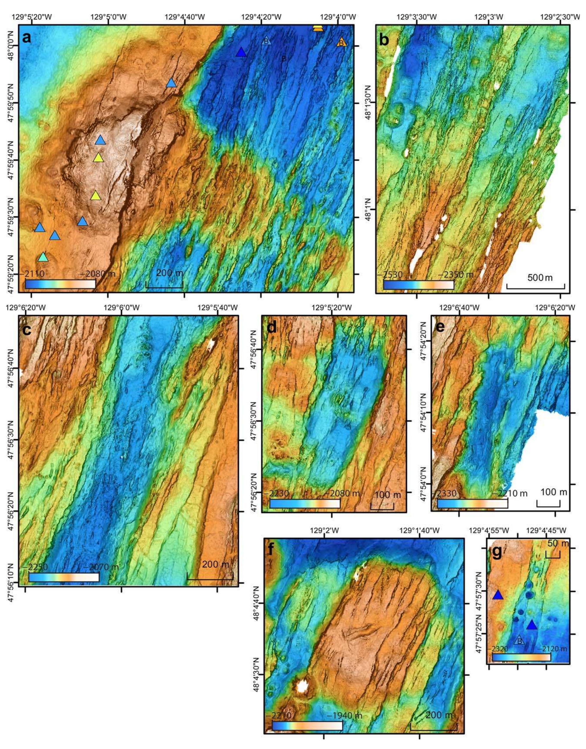 Endeavor Ridge Auv bathymetry maps of seven regions of faulting along the
