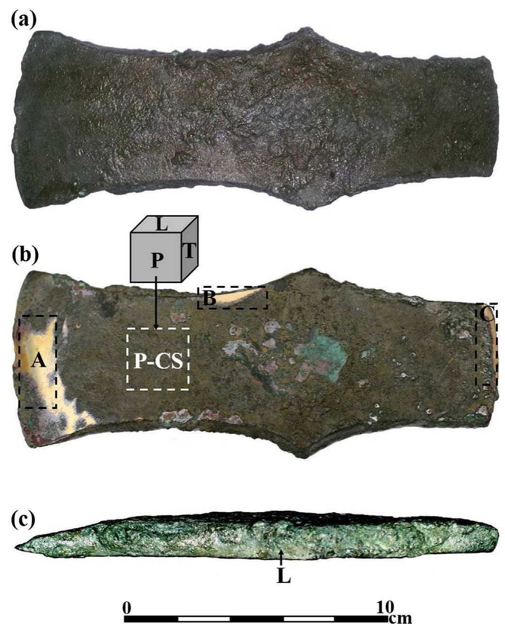 Fig. 1. The bronze axe from Tel Beth-Shemesh: (a) upper view (P-CS); (b) examined areas A, B and C after the removal of the oxide layers; and (c) side view (L-CS) (Photos by D. Ashkenazi). 