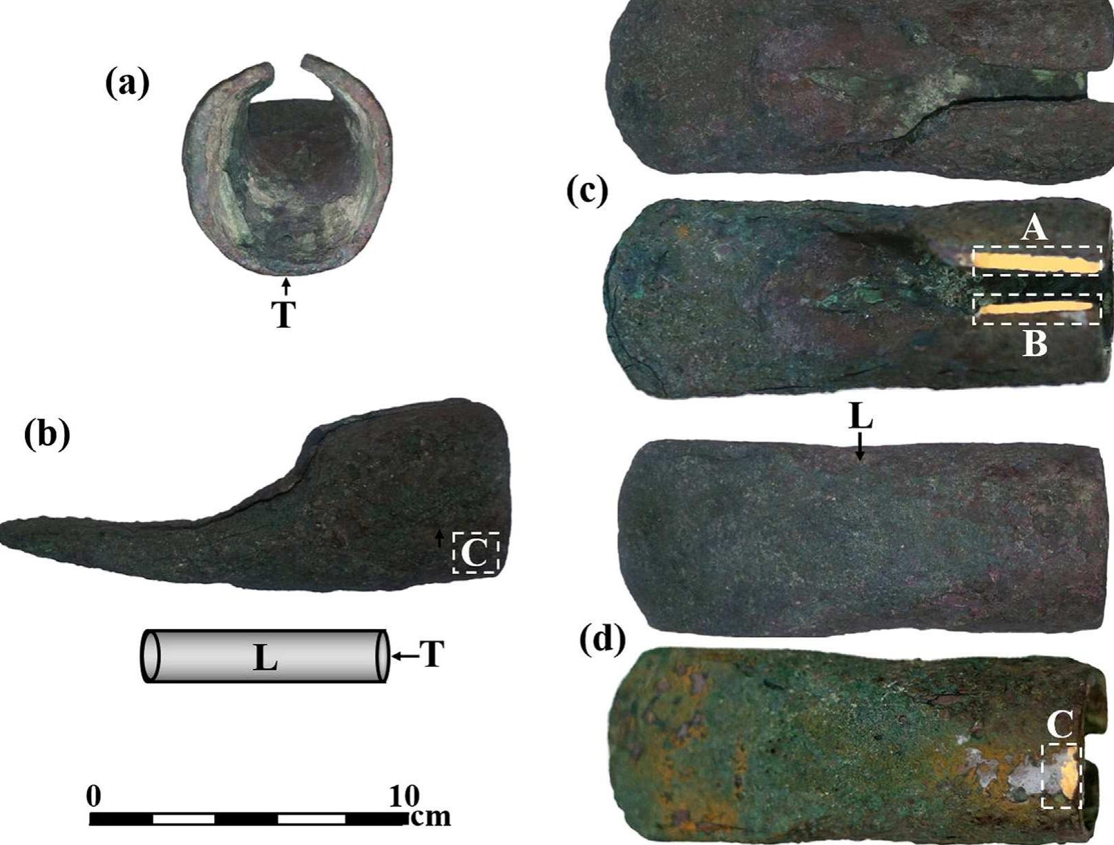 Fig. 2. The bronze hoe from Tel Beth-Shemesh before and after its oxide layer was locally removed: (a) front view of the area that was originally connected to a handle showing wood remains inside the split tubular socket (T-CS); (b) side view (L-CS, area C); (c) the front of the hoe, upper view (L-CS, areas A and B); and (d) the back of the hoe, upper view (L-CS, area C) (Photos by P. Shrago and D. Ashkenazi). 