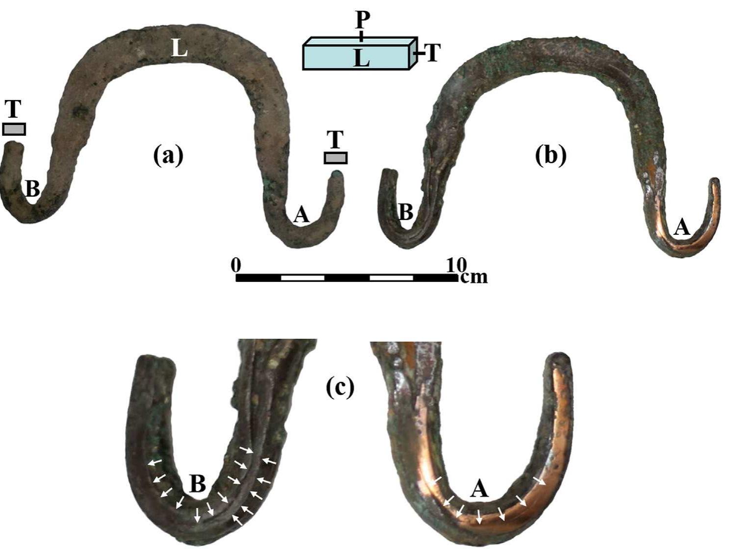 Fig. 3. The bronze handle from Tel Beth-Shemesh (L-CS): (a) areas A and B covered with oxide; (b) area A after its oxide layer was locally removed; and (c) the working and foldi directions, perpendicular to the white arrows (Photos by D. Ashkenazi).  antimony, iron and nickel (Reardon, 2011: 75). A small amount of tin in bronze (less than 5 wt% Sn) slightly improves the mechanical proper- ties of the alloy, and a higher amount of tin (12-15 wt% Sn) embrittles  15 wt% Sn are a or (@ + 8) eutectoid if slowly cooled. A typical high quality bronze from the ancient Near East contains approximately 90 wt% Cu, up to 11 wt% Sn, as well as less than 1 wt% of lead, arsenic, 