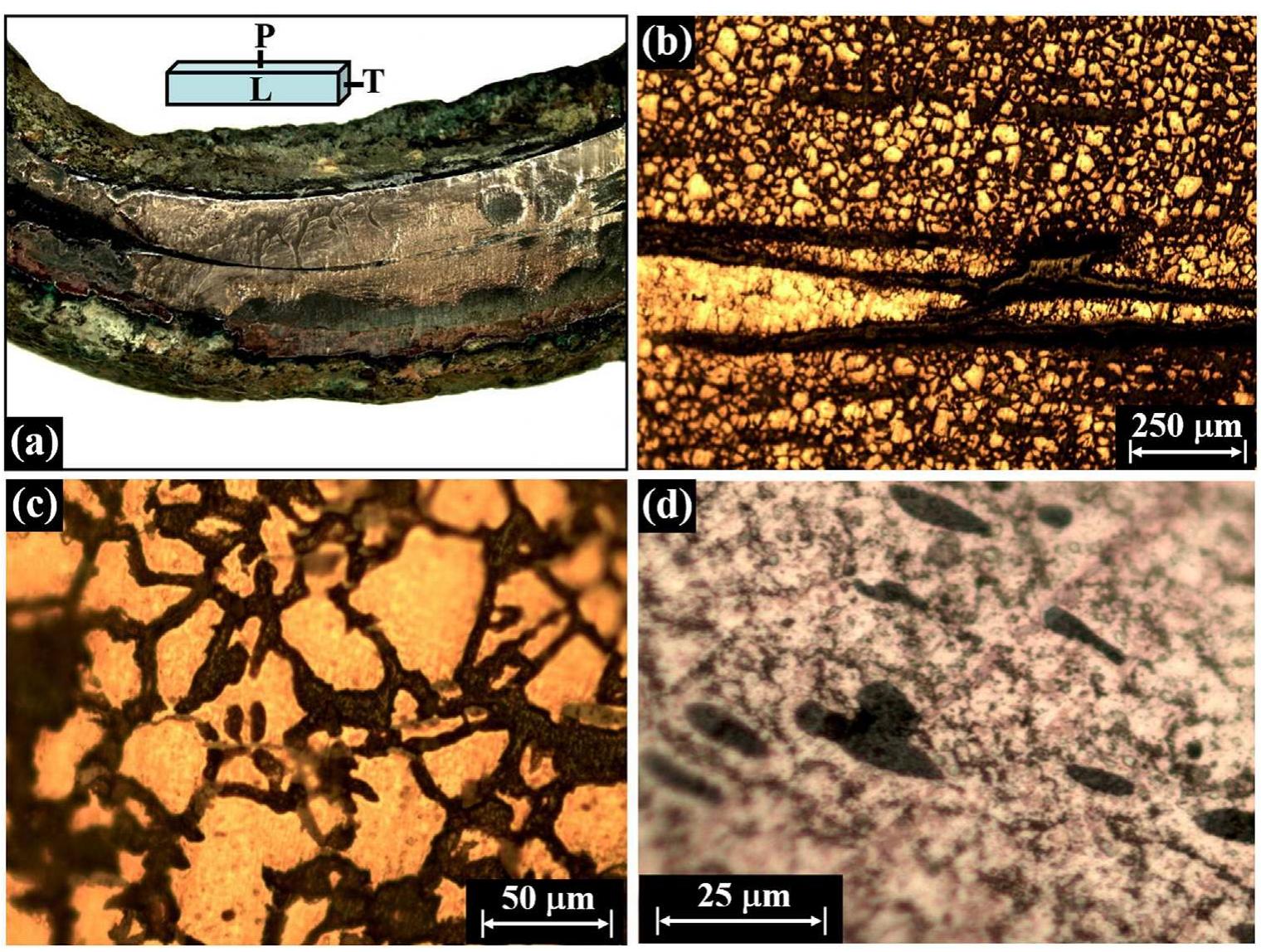 Fig. 8. Metallographic (L-CS, area A) examination of the bronze handle reveals: (a) longitudinal cracks, parallel to the hammering direction (stereo, x 6.5 magnification); (b) longitudinal cracks and quiaxed grains (LM, etched, x 100); (c) grains attacked by intergranular corrosion (LM, x 500); and (d) small elongated inclusions (LM, x 1000).  According to their typology and shape, the three bronze objects were probably cast into an open mould, perhaps made of stone (see  Section 1.2 above), e.g., the mould found at Gezer and shown in Fig. 9 presumably from the Late Bronze (Macalister, 1912: 266, Fig. 415, Tylecote, 1987: 218; Yahalom-Mack, 2009: 93). Since it was almost im- possible to cast copper and copper alloys into an open mould without extensive oxidation of the object's surface, the manufacture of working tools most likely required a final shaping and surface finishing by 