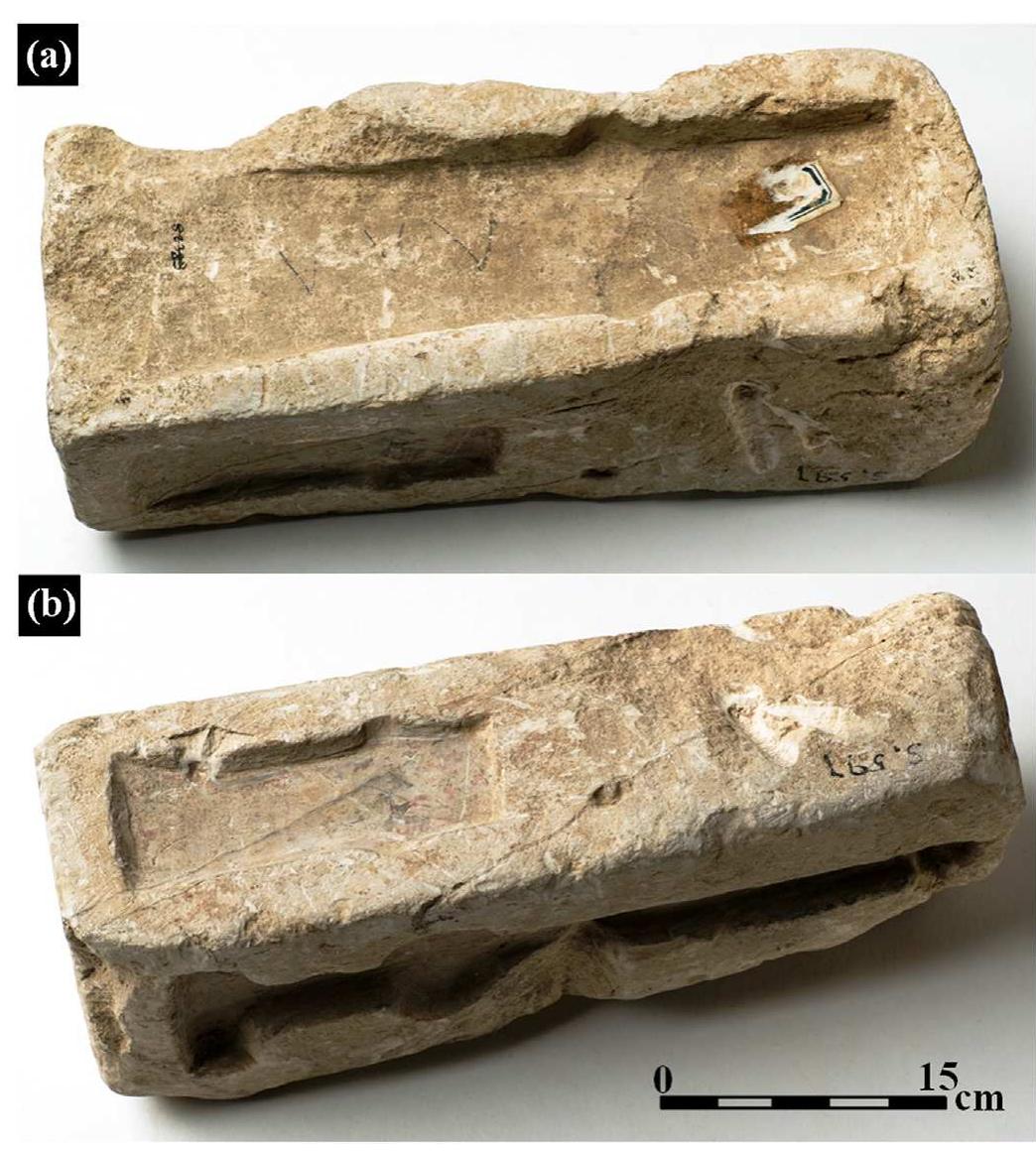 Fig. 9. A four-sided open stone mould used for casting bronze artefacts from Gezer [IAA No: S-597, site: Gezer, T. (1430/0), photos by Meidad Suchowolski, courtesy of Israel Antiquities Authority]: (a) large axe negative; and (b) small axe negative.  The axe was manufactured by a mould casting process to its general shape, and essentially may be considered as an as-cast object, although dendritic microstructure was not observed. (Nevertheless, remains of dendritic microstructure may exist in some areas of the axe.) After cast- ing and metal solidification, the axe was probably subjected to some metal post-cast reshaping and surface finishing operations, into the de- sired final shape, most likely by cold-forging and annealing cycles. The inclusions and porosity within the cast alloy were forced to flow and partially close, improving the tool's mechanical properties (Shalev et al., 2014: 285). The wear marks observed by VT on its curved edge may indicate that the axe was used as a working tool. 