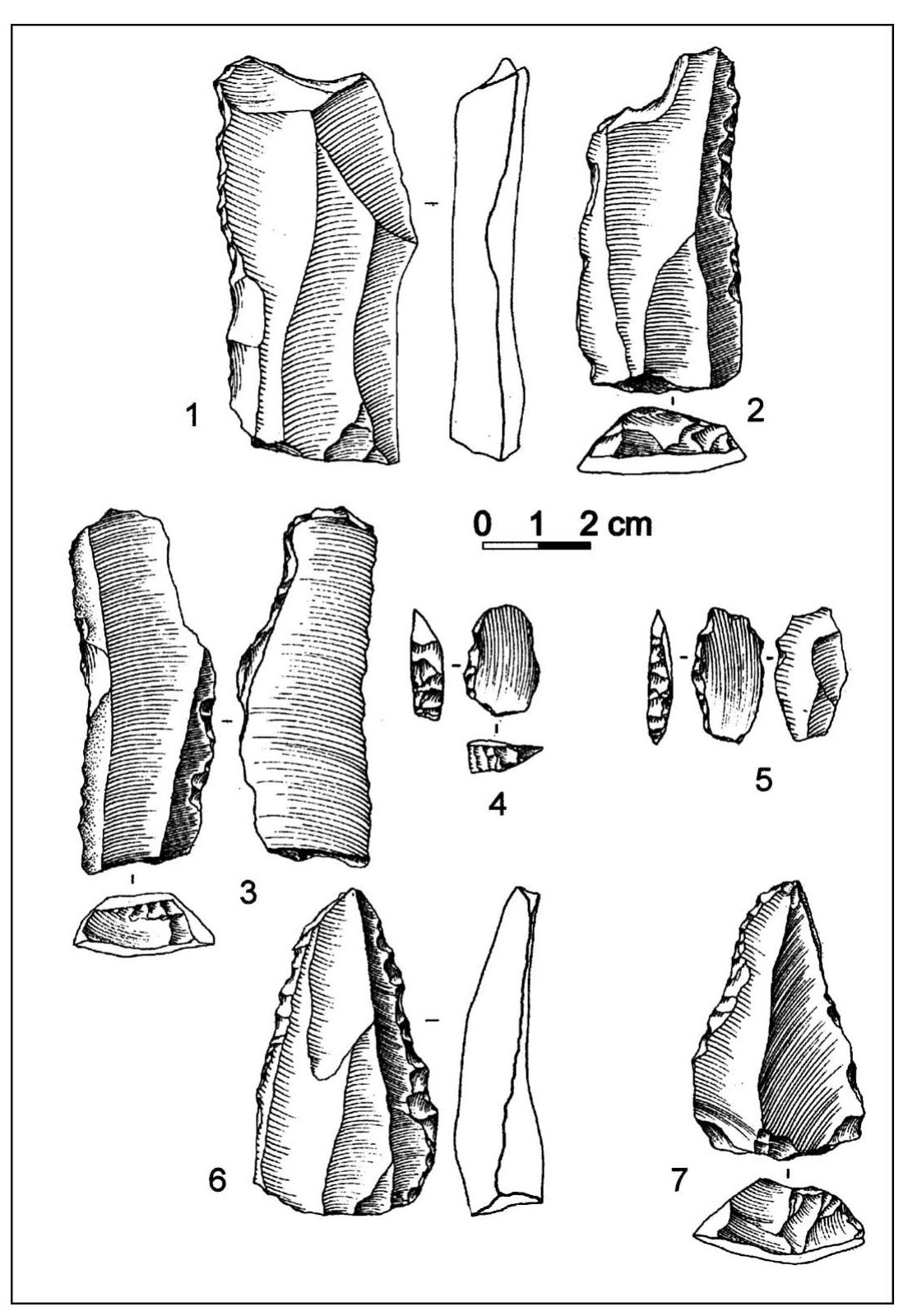 Microliths Stone to metal age 2 industry: (1, 4) basalt blade cores;