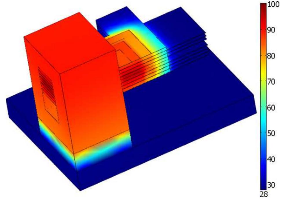 Simulated thermal map for the structure of fig. 12, with pou