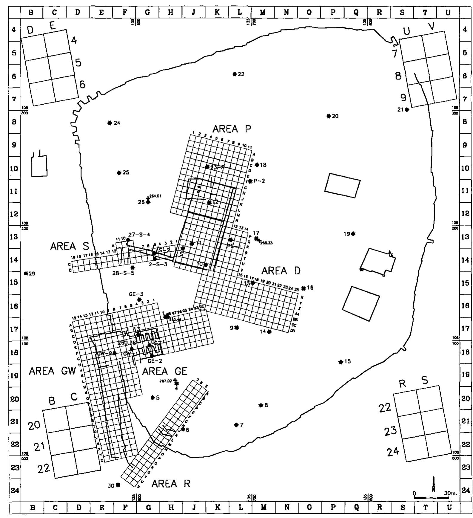 Fig. 3. Tel Lachish: Grid system and excavation areas. 