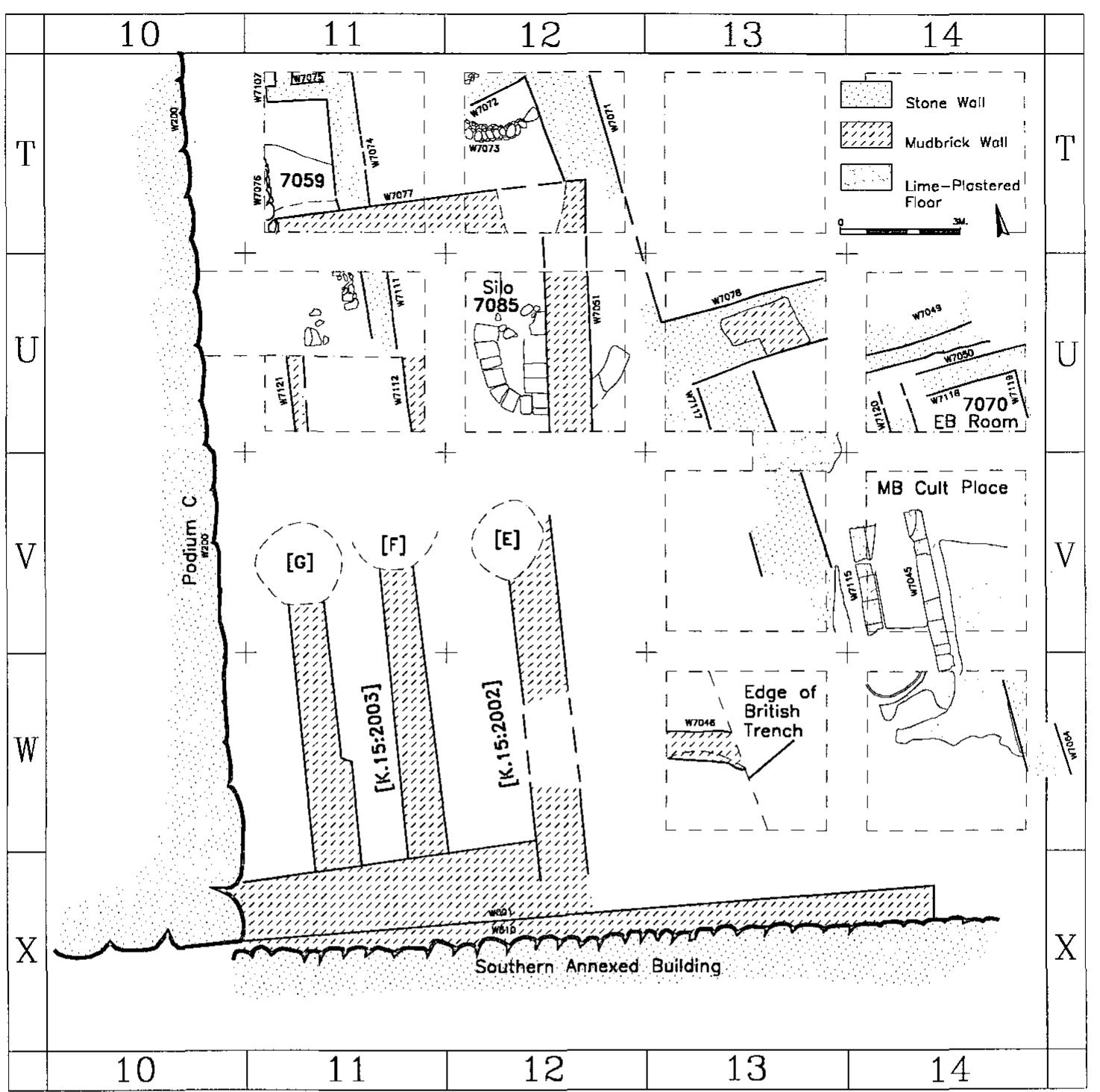 Ussishkin: Excavations at Tel Lachish  labelled Loci [K.15:2002] and [K.15:2003] (Figs. 18-19). Another brick wall demarcates the southern end of the structure; it extends westwards beneath the palace-fort, indicating that the building had at least another unit west of the two mentioned above. A number of pits (Loci [K.15:2001:A-G]), which also antedate the palace-fort and its courtyard, were dug into the brick walls of this building. Following the excavation the area was refilled.  Our excavation included twelve squares and was L shaped, surrounding the area 