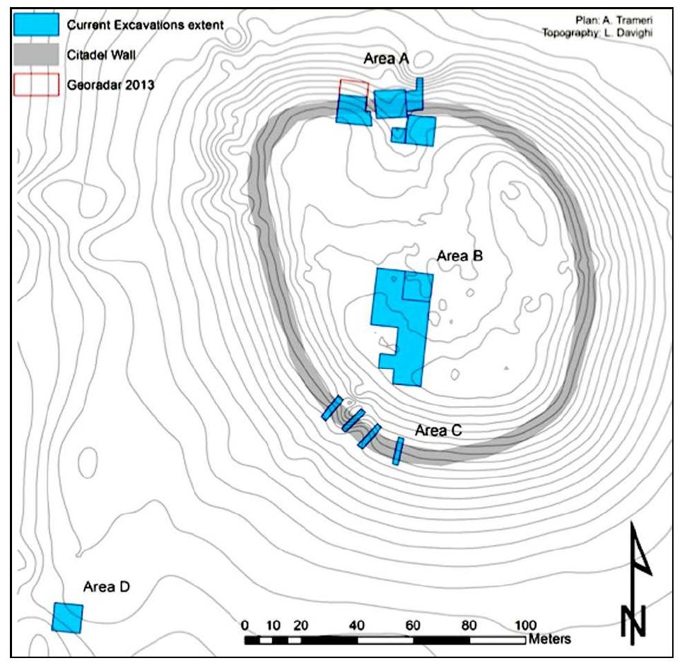 Figure 1: General plan of the site in 2014 (topographic surveys by Leonardo Davighi, plan by Andrea Trameri) [4]. Areas coloured in blue are the excavation areas; the grey ring shaped area is the supposed extension of city walls.  In 2010 non-destructive geognostic investigations (magnetic and ground-penetrating radar) were carried out. These surveys showed the presence of a buried elliptic structure, immediately interpreted as the remain of a defensive wall [8]. 