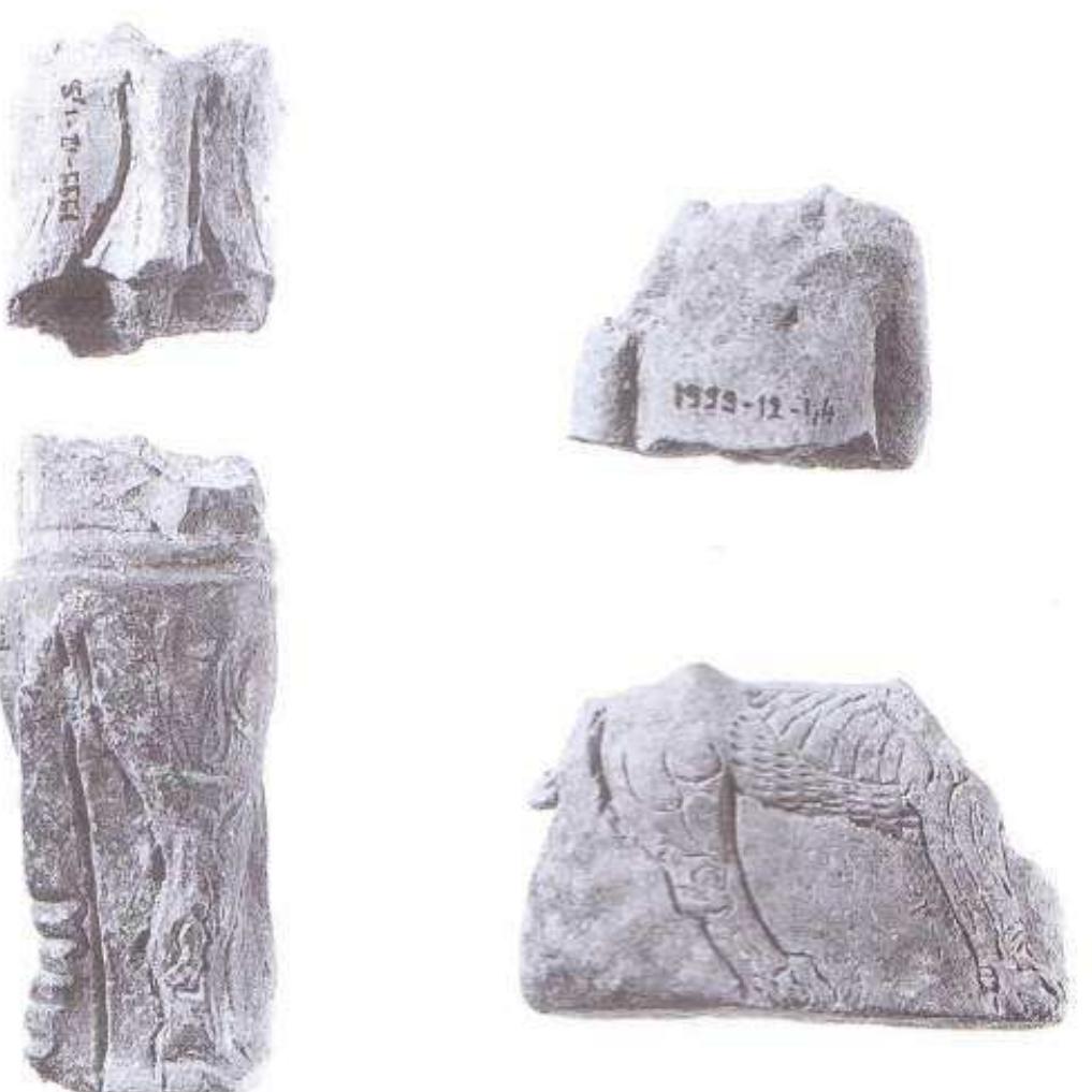 Figure 7. Fragments of apotropaic figurines. All from Nineveh? Left, top and bottom: 2 kusarikku figures; top right: god; bottom right: dog. 