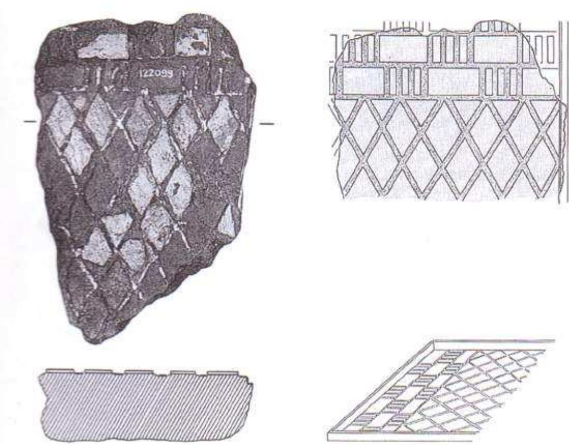 Figure 29. Inlay and gold-leaf adhering to clay block. From Nimrud. Top left: photograph. Bottom left: section. Top right: design of inlay. Bottom right: schematic restoration, as tray. Drawings by Ann Searight. 