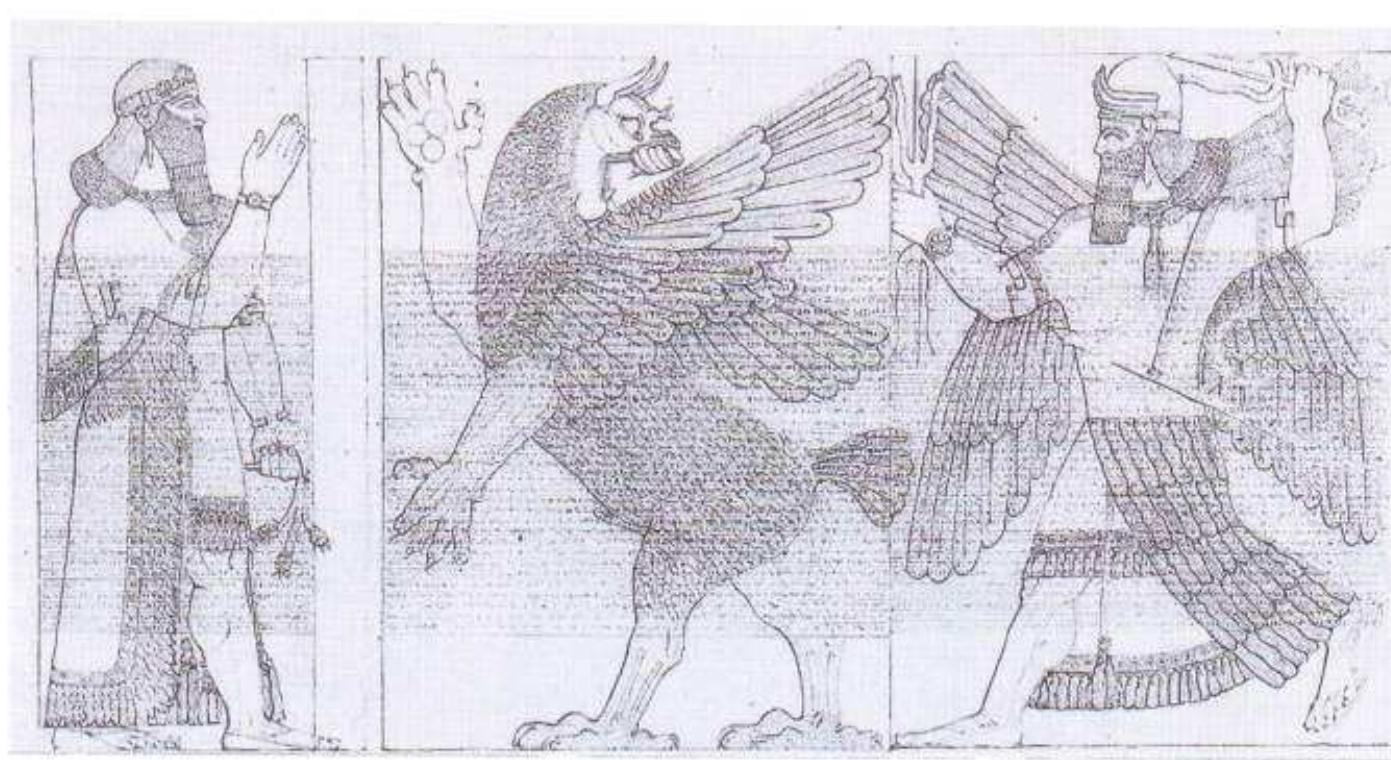 Figure 34. Ninurta and Anzu on stone wall-panel. From Nimrud.  each side of a doorway in Ashurnasirpal II’s Ninurta Temple at Nimrud; Ninurta holding a thunderbolt is represented rushing forward, while Anzu looks back at him, Figure 34. The plaque clearly shows the same 