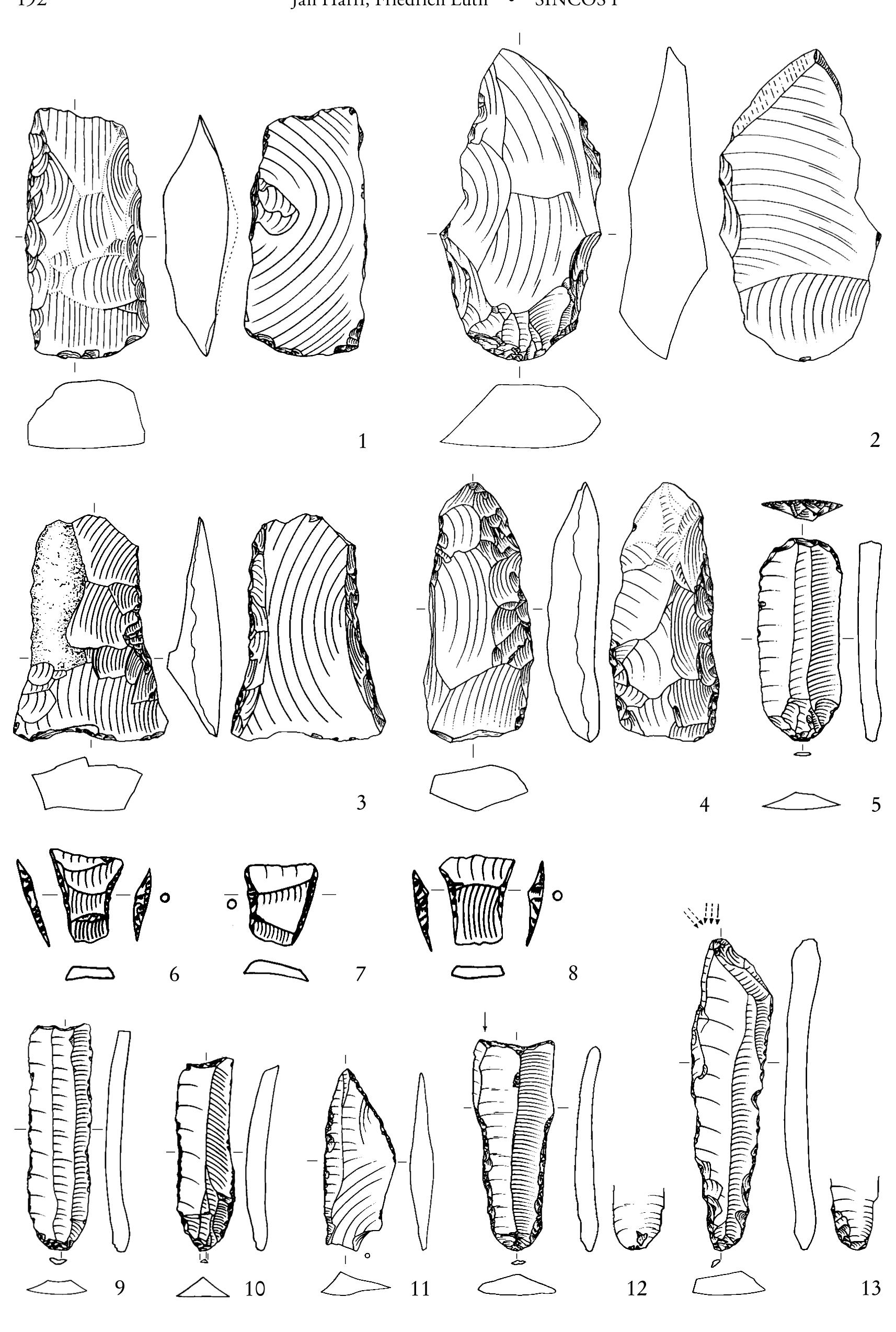 Fig. 2. Timmendorf-Nordmole I. Flint tools: 1-3 flake axes, 4 core axe, 5 scraper, 6—8 transverse arrowheads, 9-11 truncated blades, 12-13 burins (Illustrations: J. Freigang). — Scale 1:2 (except 6-8 Scale 1:1). 