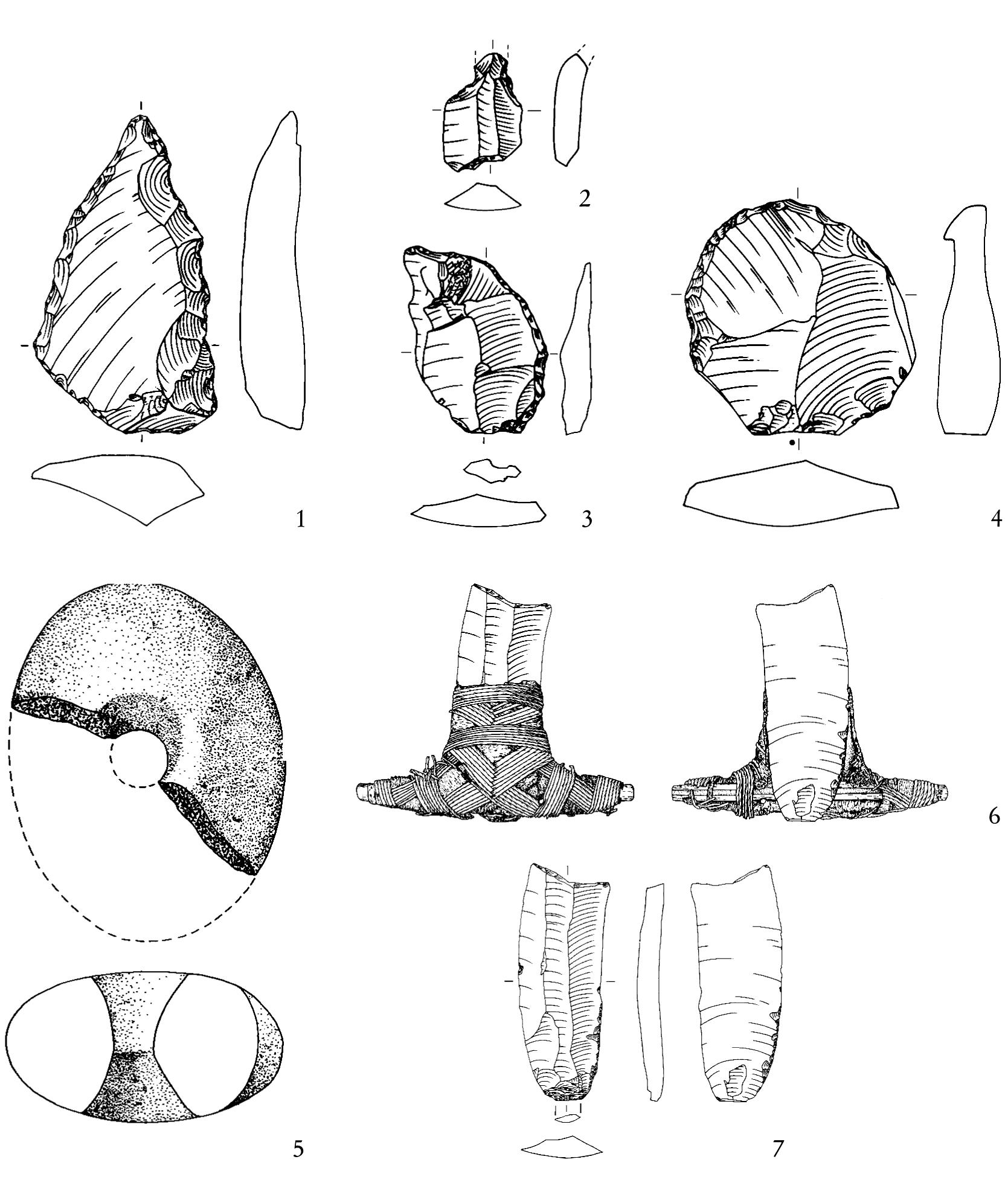 Fig. 3. Timmendorf-Nordmole I. Stone tools. 1-2 borers, 3 “Bogenmesser”, 4 flake scraper, 5 mace head, 6 truncated blade tool with haft, 7 truncated blade tool without haft (Illustrations: J. Freigang). — Scale 1:2. 