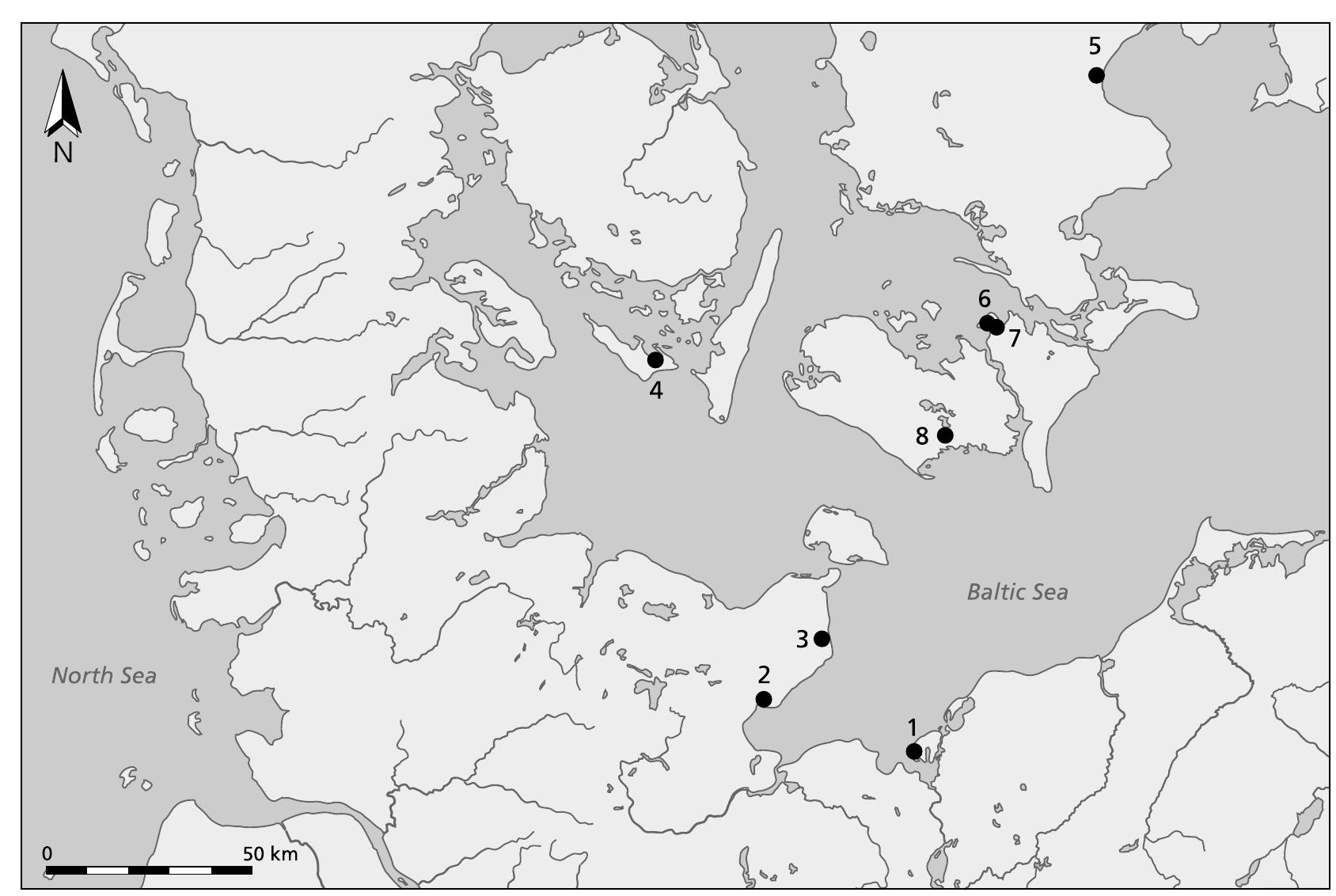 Fig. 4. Timmendorf-Nordmole I (1) and Stone Age sites which were introduced for comparison of flake axes assamblages: 2 Neustadt, 3 Rosenhof, 4 Mollegabet I, 5 Olby Lyng, 6 Myggetvig, 7 Valse Vig; 8 Vester Ulslev. 