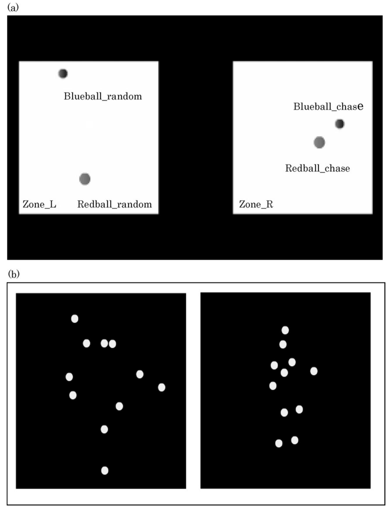 Fig. 2. A sample frame of (a) the biological motion task and (b) the moving ball task. 