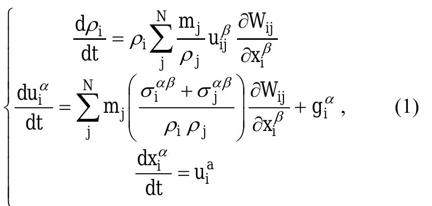 where x;’ is the position, u;” is the velocity, p is the density, o,% is the total stress tensor, m is the mass and g;* is the gravitational force. The total stress tensor o; is made up from the isotropic pressure p; and the viscous stresses according to  The governing equations for density and momentum evolution of the field for the multi-phase model are given by 12] 
