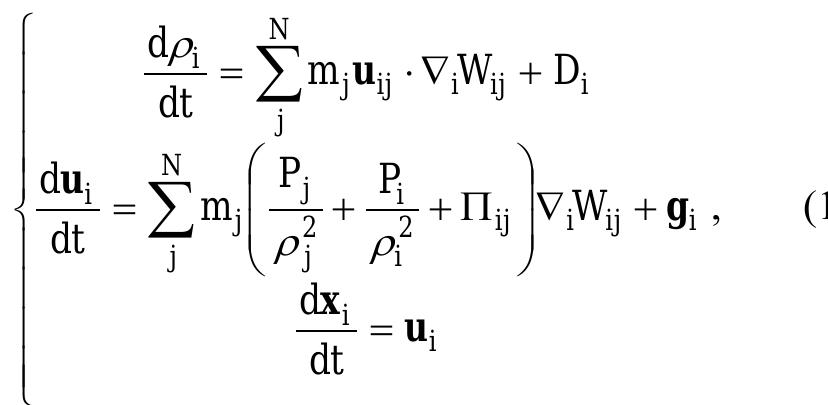 This Section presents the governing equations in SPH form. Throughout this paper, subscripts i and j denote the interpolated particle and its neighbours respectively. The density evolution and momentum of the particles follow the Navier-Stokes equations [16]  where x; is the position , u; is the velocity , p is the density , P is the pressure, m is the mass and g; is the gravity acceleration. In this paper, the Wendland kernel [17] has been used as a smoothing function but numerical tests have shown similar 