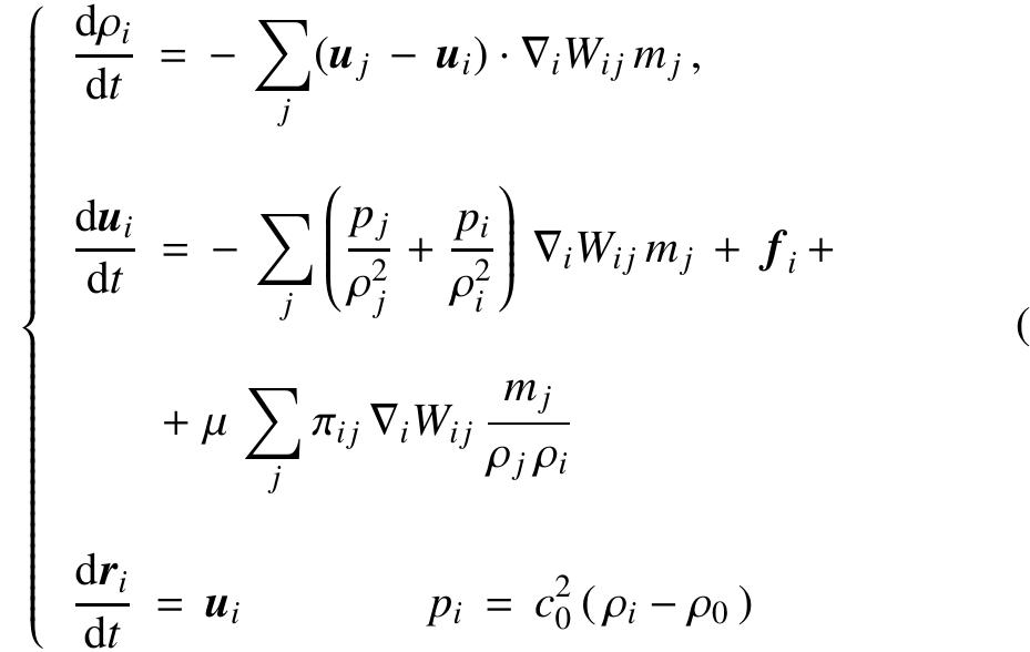 where p;, p; are respectively the density and the pressure of  t  a Bi  t  t t  =  he i—particle while r; and wu; are its position and velocity. he particle mass, m;, is constant during the motion so that he global mass i conserved exactly. Here, Wj; is the kernel  function (a Wendland kernel is used hereinafter), V; denotes  he differentiation with respect to r; and f; is the body force at he position r;. Finally, symbols pp and cp indicate the density  along the free surface (which is the reference value for the density field) and the sound velocity (assumed to be constant).  The dynamic viscosity is indicated through py while the kernel  of the viscous term is given in [7] and reads:  Hereinafter we call standard SPH the following system: 