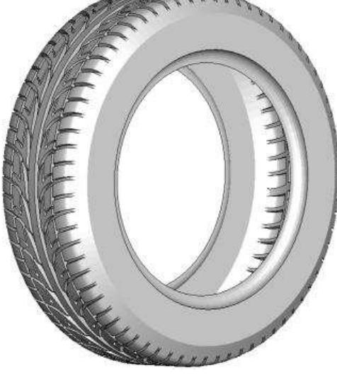 Moreover, the external flow phenomena like tire aquaplaning can be extremely violent if one considers elevated speeds and very complex with several discontinuities in the flow: itis split by the stripes.  Figure 1 — Tire geometry with its complex stripes  In this article we will present a series of results for these automobile applications demonstrating how suitable SPH can be to simulate such flows phenomena. Focus will be given to the tire aquaplaning flow and to the ford crossing. 