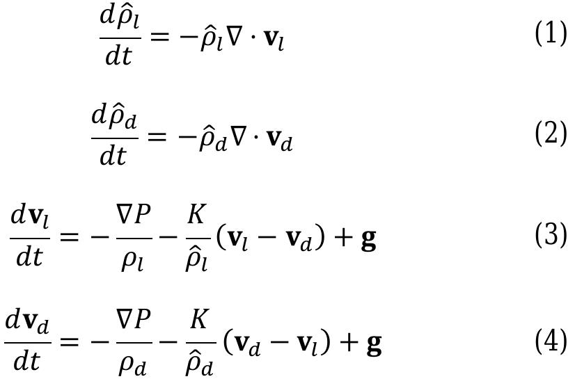 where subscript / and d refer to the liquid and dust, respectively, P is the pressure, K is a drag factor, v, and vg are the liquid and dust velocities, respectively, and g is the external self-gravity. 6; and fg are the effective densities of each phase per unit volume of the mixture, and are related to p, and pg, the material densities of each phase by  The equations for continuum analysis we used are those given by Harlow and Amsden [6], [7] and  continuity equation therefore has an extra sink term that can be interpreted in an SPH formulation by allowing the SPH dust particles to lose mass in the neighbourhood of the sedimenting  boundary. This algorithm enables us to simulate the sedimentation in the presence of turbulence without resolving the thin boundary layer. 