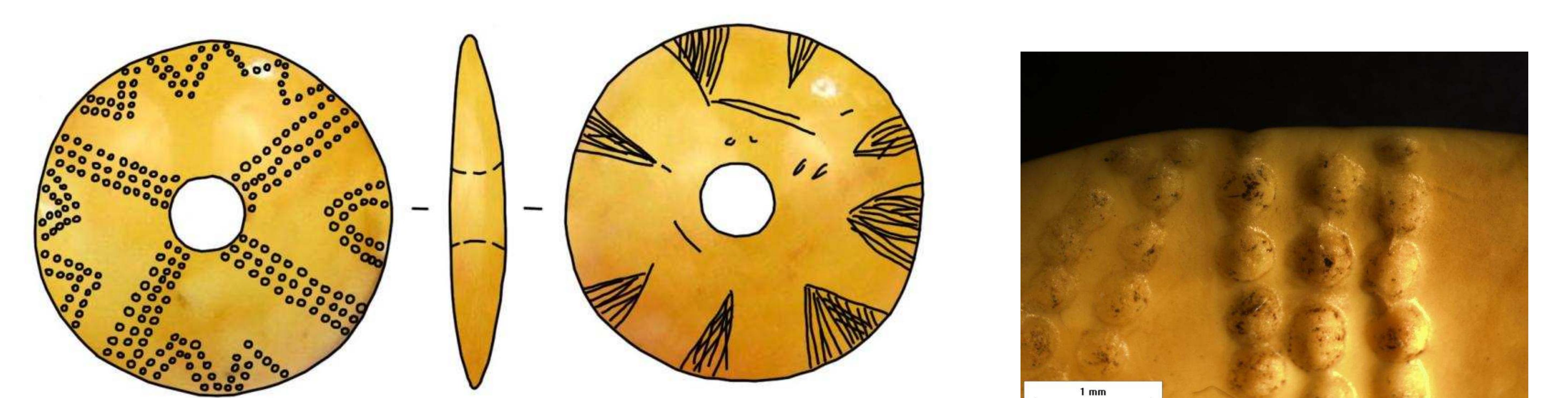 Fig. 1. Amber disc with cross decoration from Daktariské 5 Neolithic settlement.  During archaeological investigations of Daktariské 5 Neolithic settlement (Samogitian highlands, westert Lithuania) in 1987 — 1992, among flint, osseous and pottery artefacts, amber disc with cross decoration wa: found (fig. 1). Disc is 3.6 cm wide, with a hole in a middle. Both sides are decorated with pits and line ornament. These kind of amber discs are known since Middle Neolithic and for the most part are associated with Globular Amphorae Culture. Similar amber artefacts are known from the southeastern Baltic region and Cente Europe (map 1). In this paper we present a new look into amber disc from Daktariske 5 Neolithic settlement Use-wear analysis, infrared and raman spectroscopy methods were used for this artefact research. 