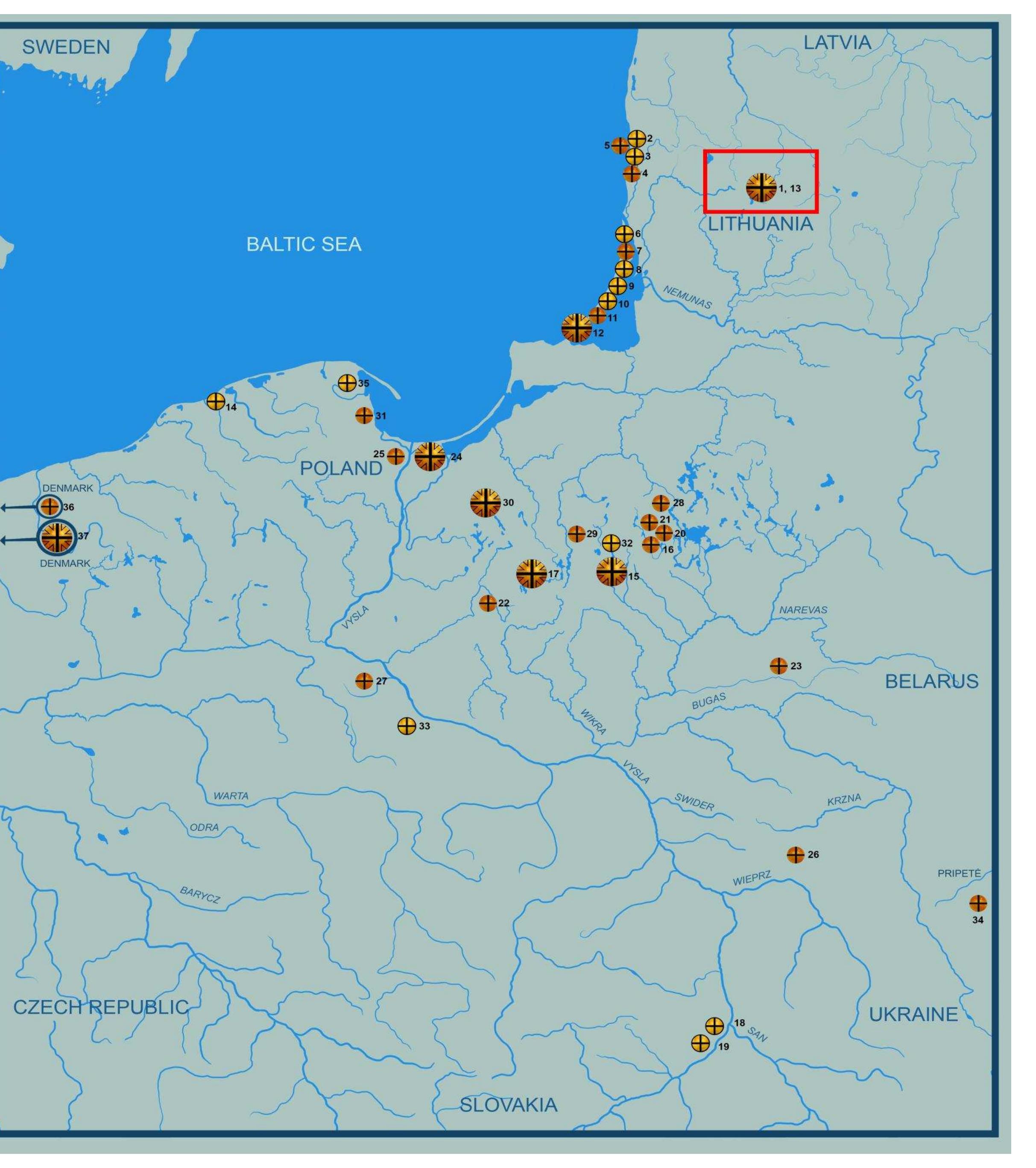 Map 1. Occurrence of amber discs with cross decoration in the eastern Baltic and near territorie Daktariske 5 Neolithic settlementis marked with red rectangle.  Use-wear analysis 