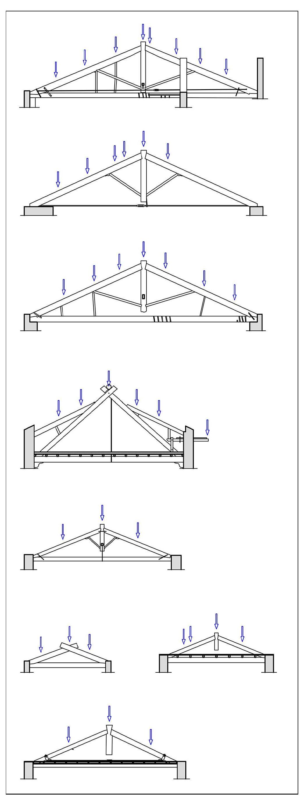 Figure 3: Schemes of the trusses: C 6.11 (with a couple of added tie-rods),C 8.1, C 8.6, C 9.1 (the tie-beam of which supports a timber floor), C 10.1, C 11.1, C 13.1 (the tie-beam of which supports a timber floor) and C 12.6 (which have an added tie-rod and the tie-beam of which supports a timber  floor). 
