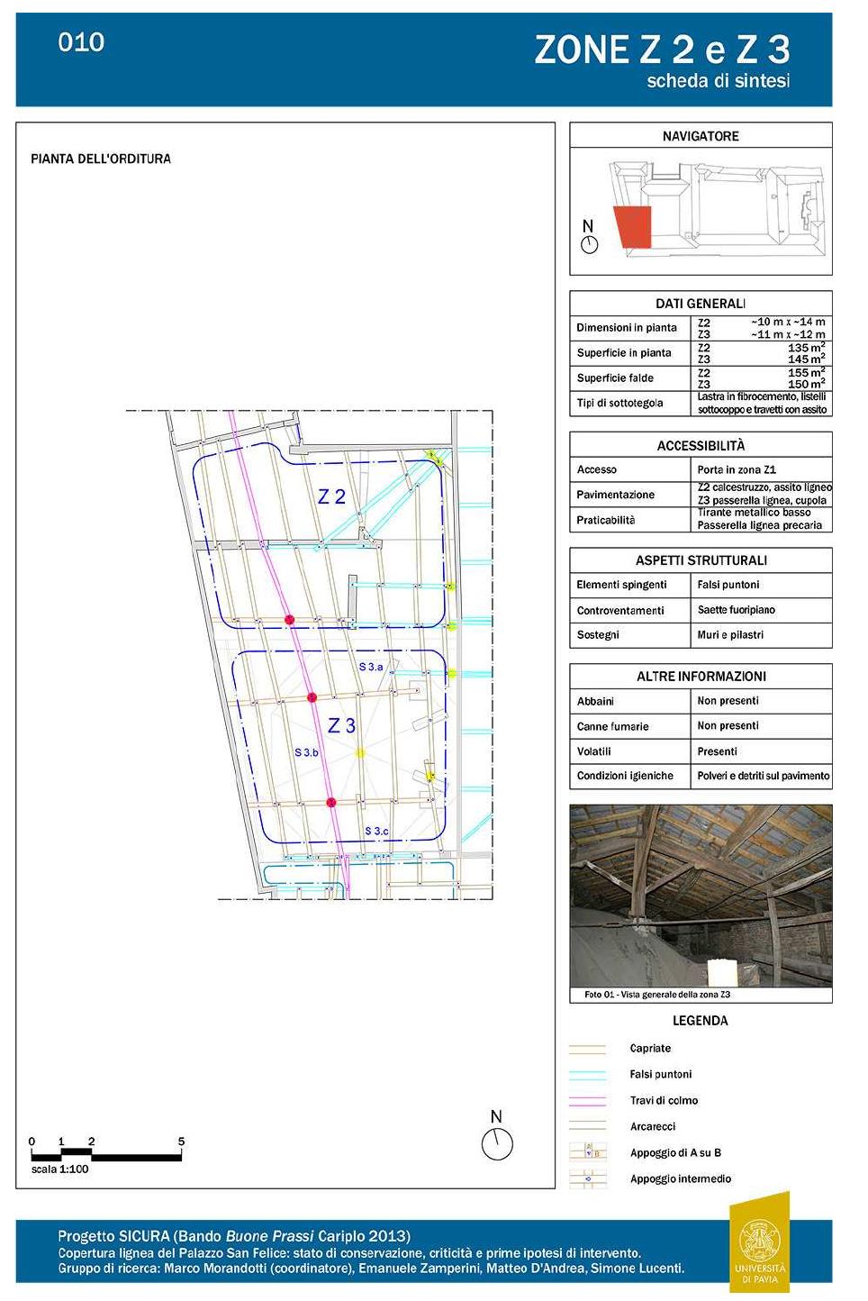 Figure 37: Zones Z 2 and Z 3, first part of the table: planimetric scheme (with the indication of the relationship between the various beams that compose the timber framing and general data (surface area, access route, etc.). 