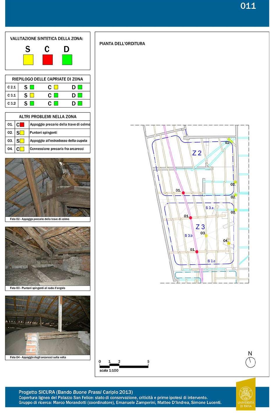 Figure 48: Zones Z 2 and Z 3, second part of the table: planimetric scheme (with indication of the criticalities regarding purlins and secondary rafters), pictures of the criticalities and synthetic evaluation of the zone. 