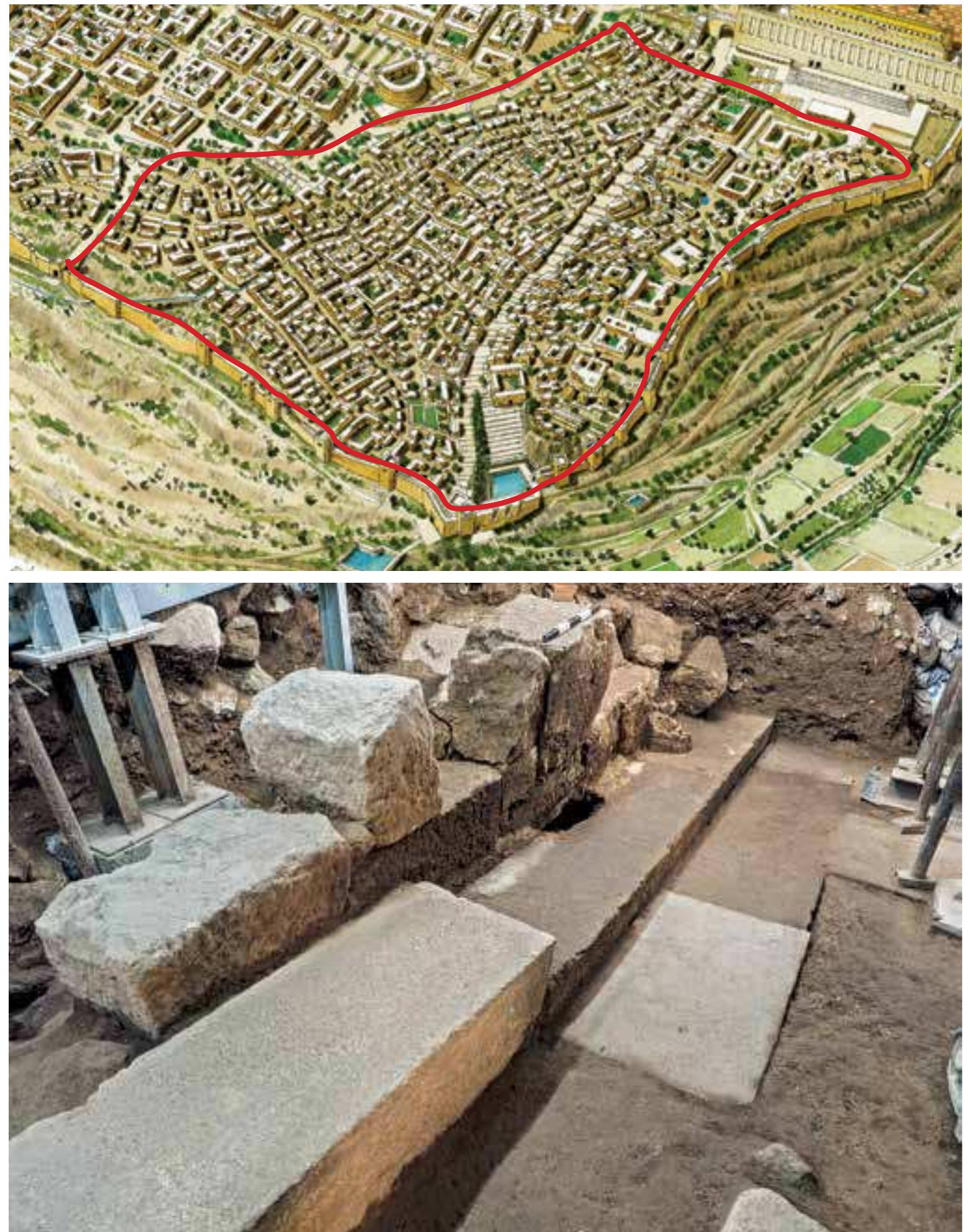 Fig. 1. Reconstruction of Jerusalem of the Second Temple period based on the new excavations, as per E. Meiron (drawing: S. Kweller), and the presumed area of the Lower City according to the present authors. 